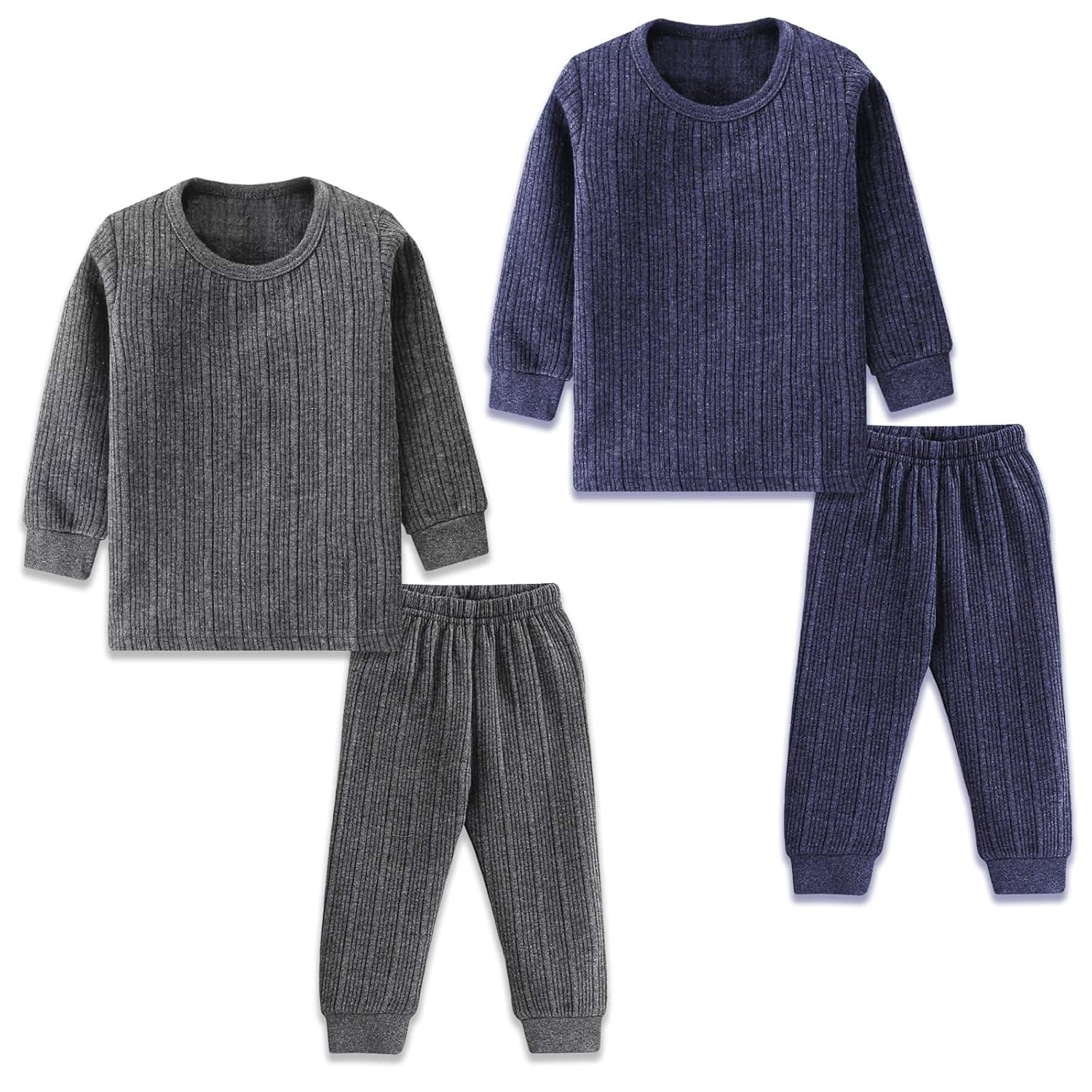 Kids’ Thermal Pajama Set Ribbed Cotton Blend Long Sleeve Top & Pants Unisex Sleepwear for Boys & Girls