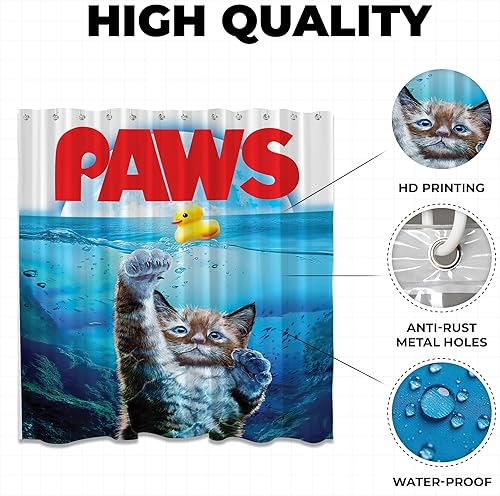 Miniatura 4 de SHIMANY Divertido juego de cortina de ducha de gato, elegante cortina de ducha de poliéster impermeable con 12 ganchos de plástico de 72 x 72