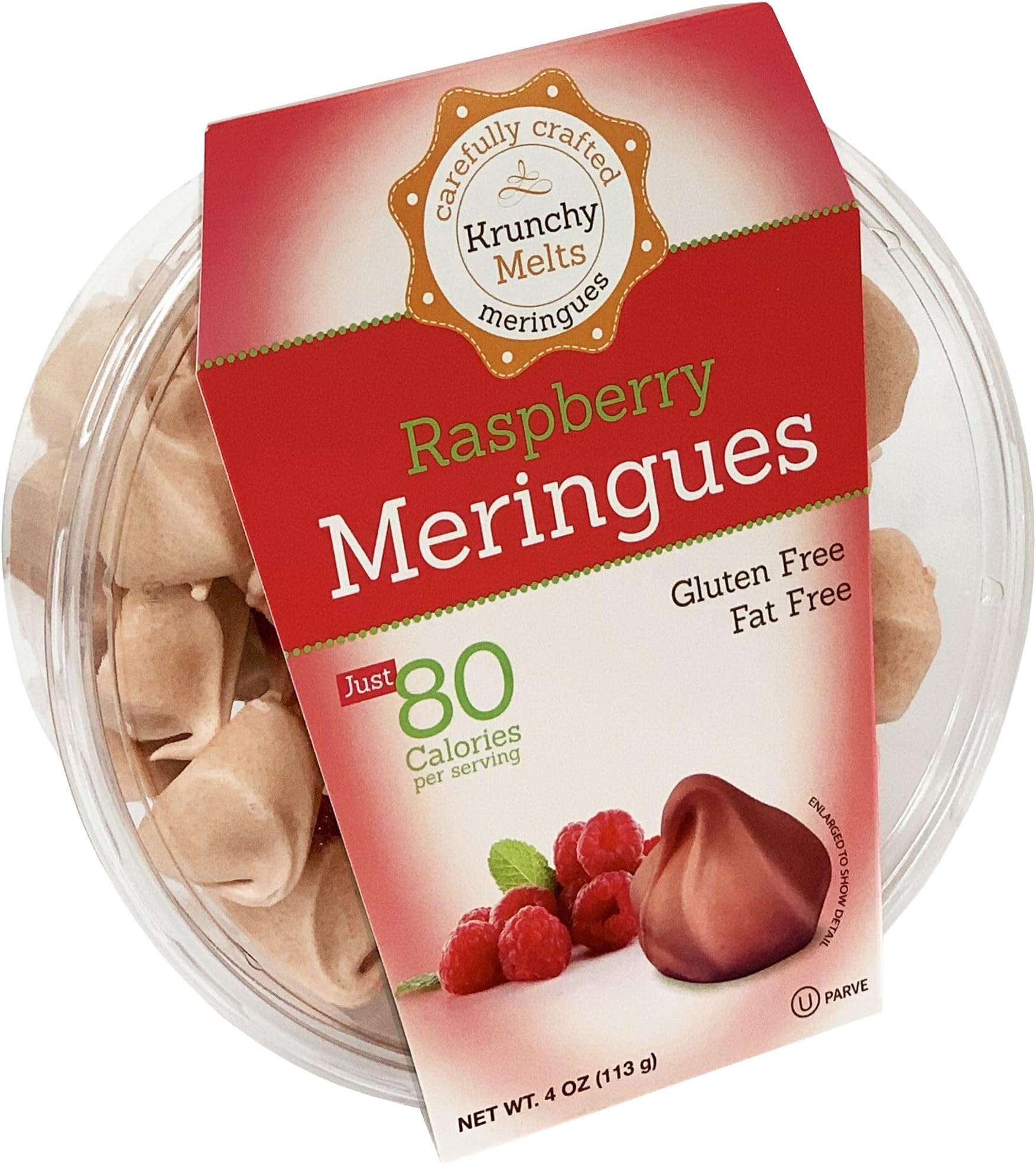 Krunchy Melts Original Meringue Cookies | Raspberry Flavor | Only 80 Calories Per Serving | Fat Free, Gluten Free, Dairy Free (4 Oz)