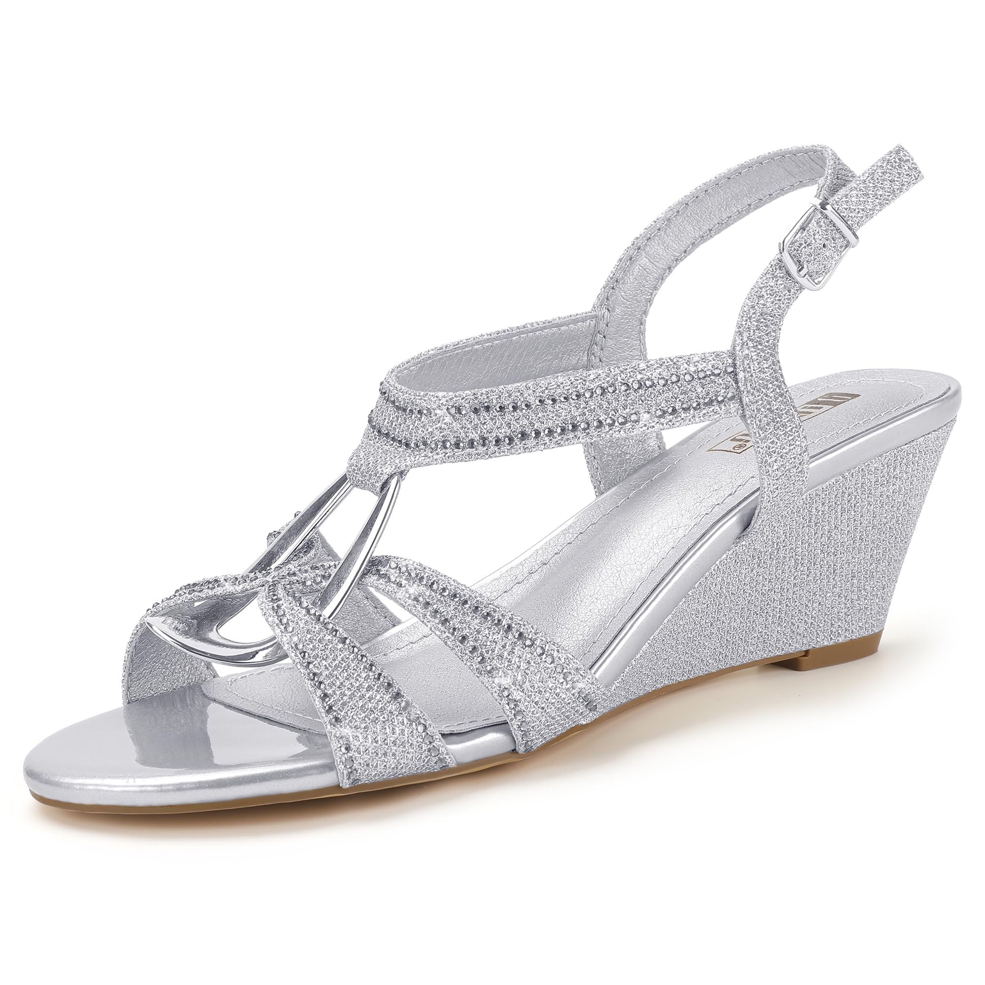 IDIFU IN2 Wedge Sandals Rhinestone Sparkly Strappy Wedge Heels with Mental Ring Comfortable Dressy Wedding Bridal Bride Party Dress Shoes for Women