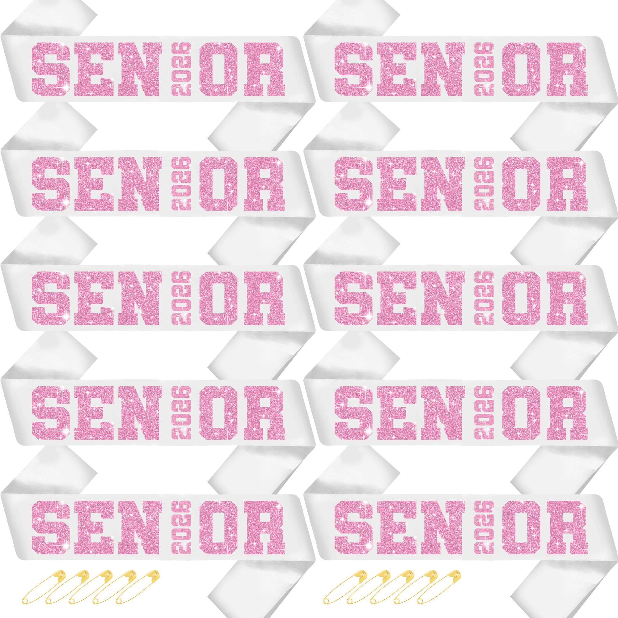 Photo 1 of 10 Pcs Senior 2026 Graduation Sashes, White Class of 2026 Sash with Pink Glitter Print, Senior Night Party Photo Props for High School Graduation