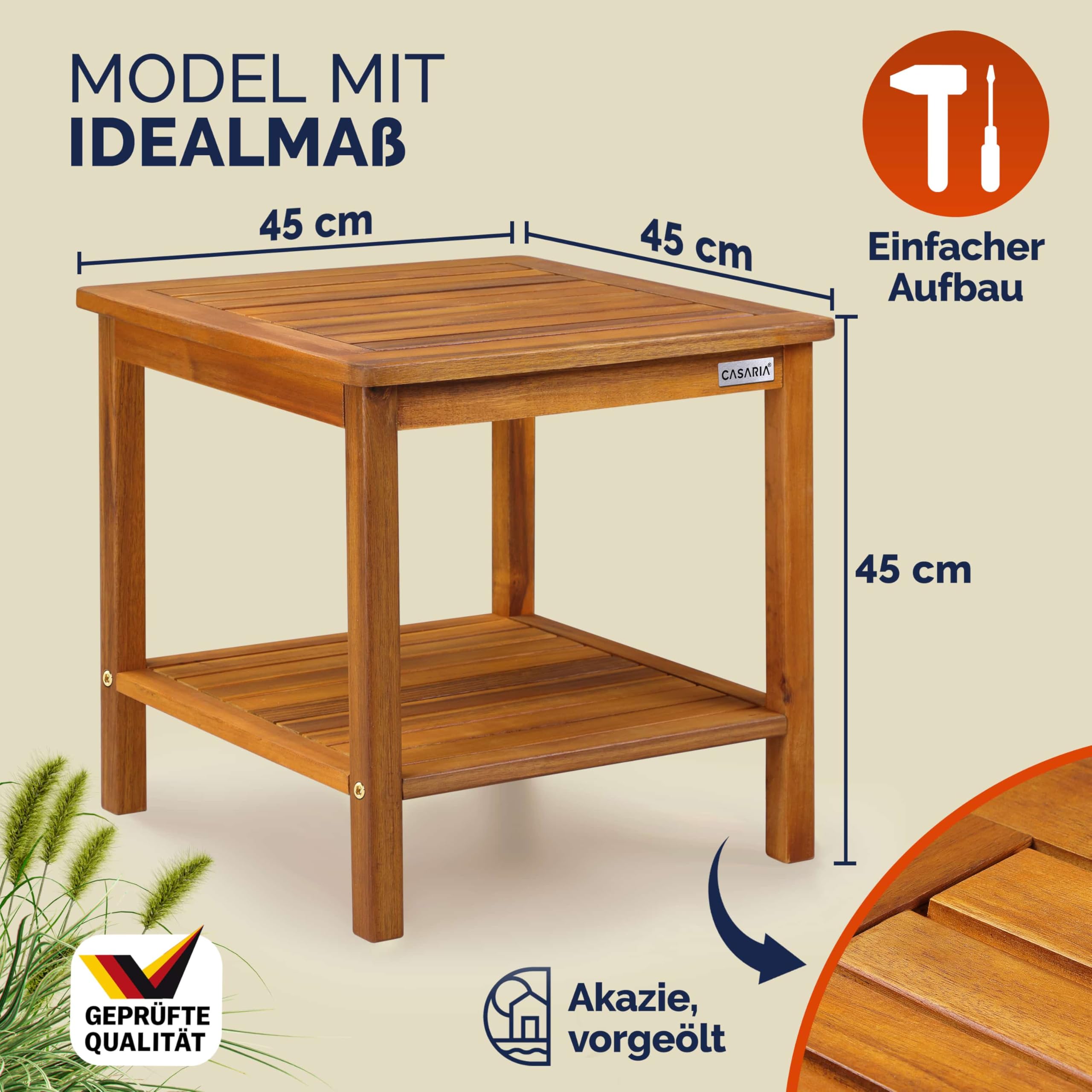Casaria® Gartentisch Wetterfest Holz 2 Ablageflächen FSC®-Zertifiziert 80kg Belastbarkeit 45x45cm Balkon Garten Tisch Beistelltisch Gartenmöbel Akazie