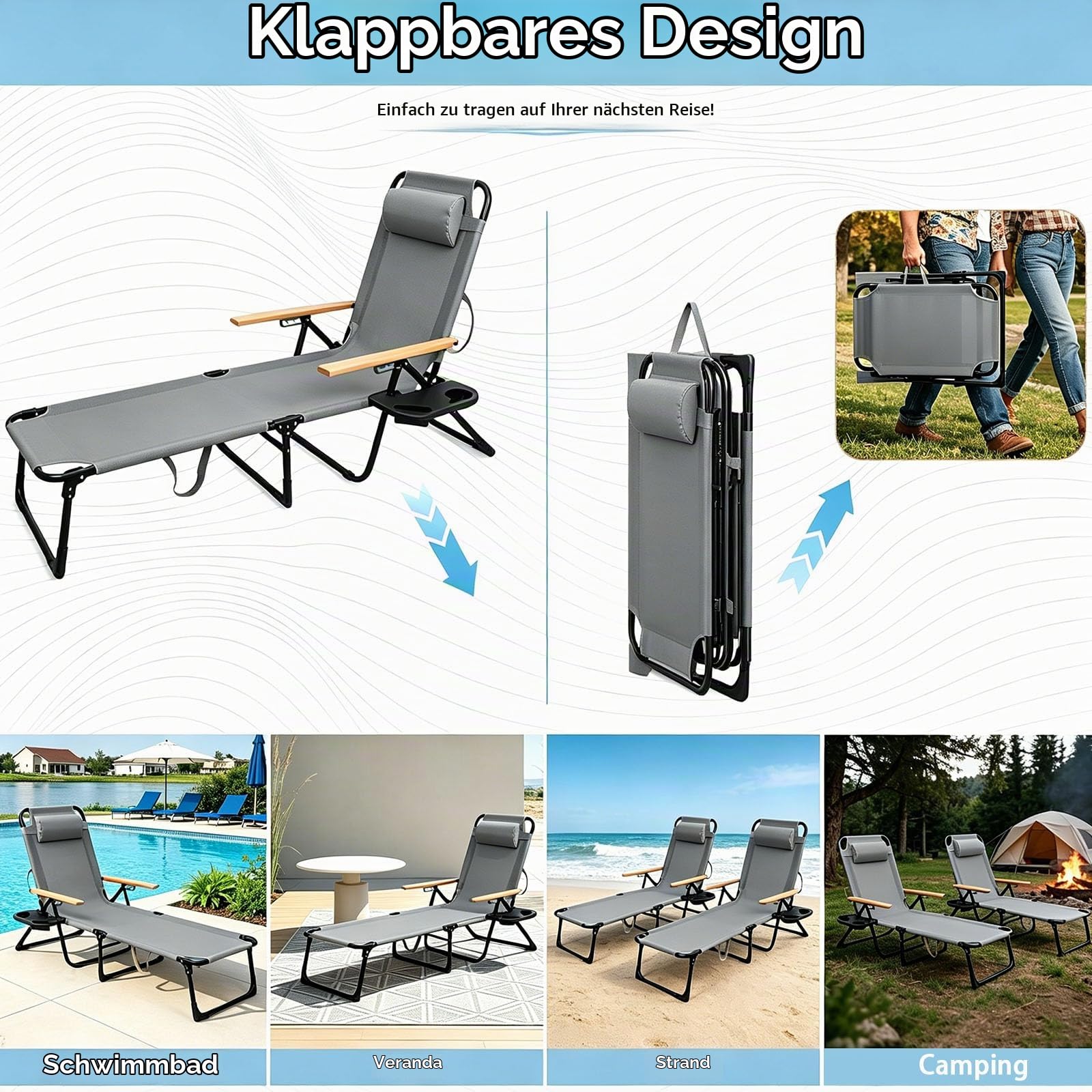 Sonnenliege Klappbar Wetterfest, 4-Fach Verstellbarer, Garten Liege mit Kopfkissen, Getränkehalter und Holzarmlehnen, Strandliege Klappbar Robust, für Garten, Terrasse, Pool (Grau)