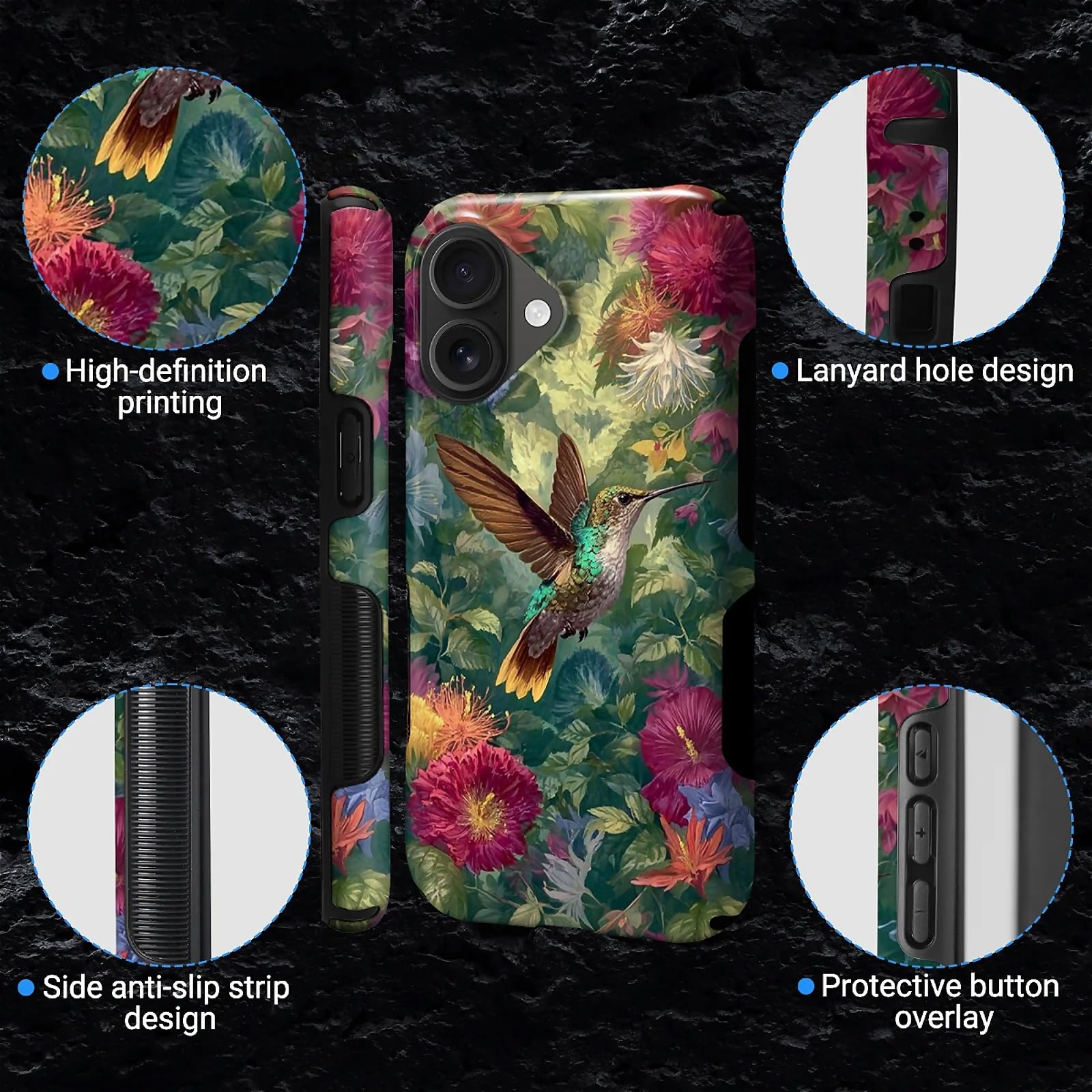 CARLOCA per iPhone 16 Compatibile con Magsafe Custodia protettiva integrale per ragazza ragazzo antiurto ricarica magnetica motivo elegante colibrì volante fiori colorati
