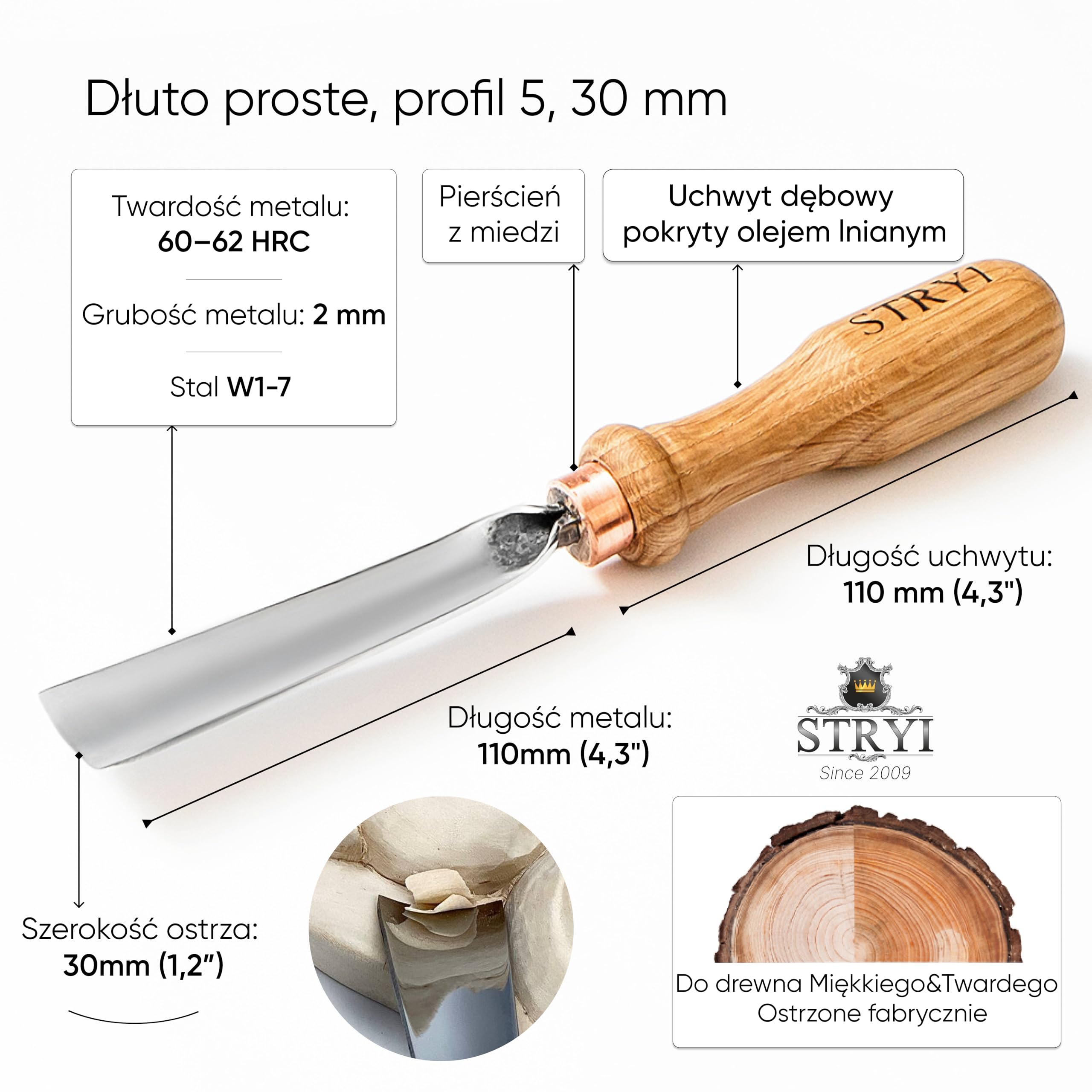 STRYI Profesjonalne narzędzie do rzeźbienia w drewnie – wydrążony profil #5 – ręcznie kuty, 30 mm – dłuto rzeźbiarskie premium dla rzeźbiarzy i profesjonalistów