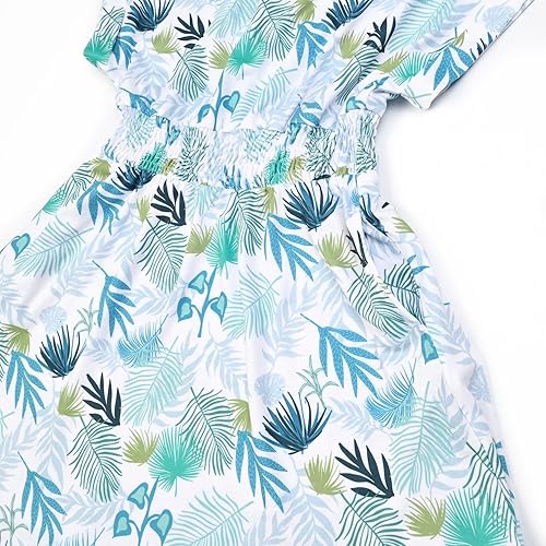 Perfashion Girls Summer Dresses Printed Casual Loose Sundress Smocked Waist Roll-Sleeve(Tropical Plant White S20,8-9 Years)