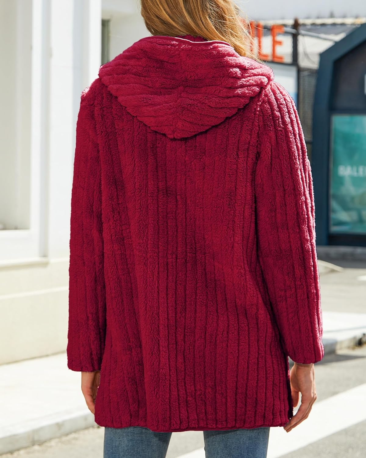 Womens Fleece Jacket Hooded Winter Warm Full Zip Long Sleeve Sherpa Jacket Coat Outerwear with Hood (S-5XL) - Image 5