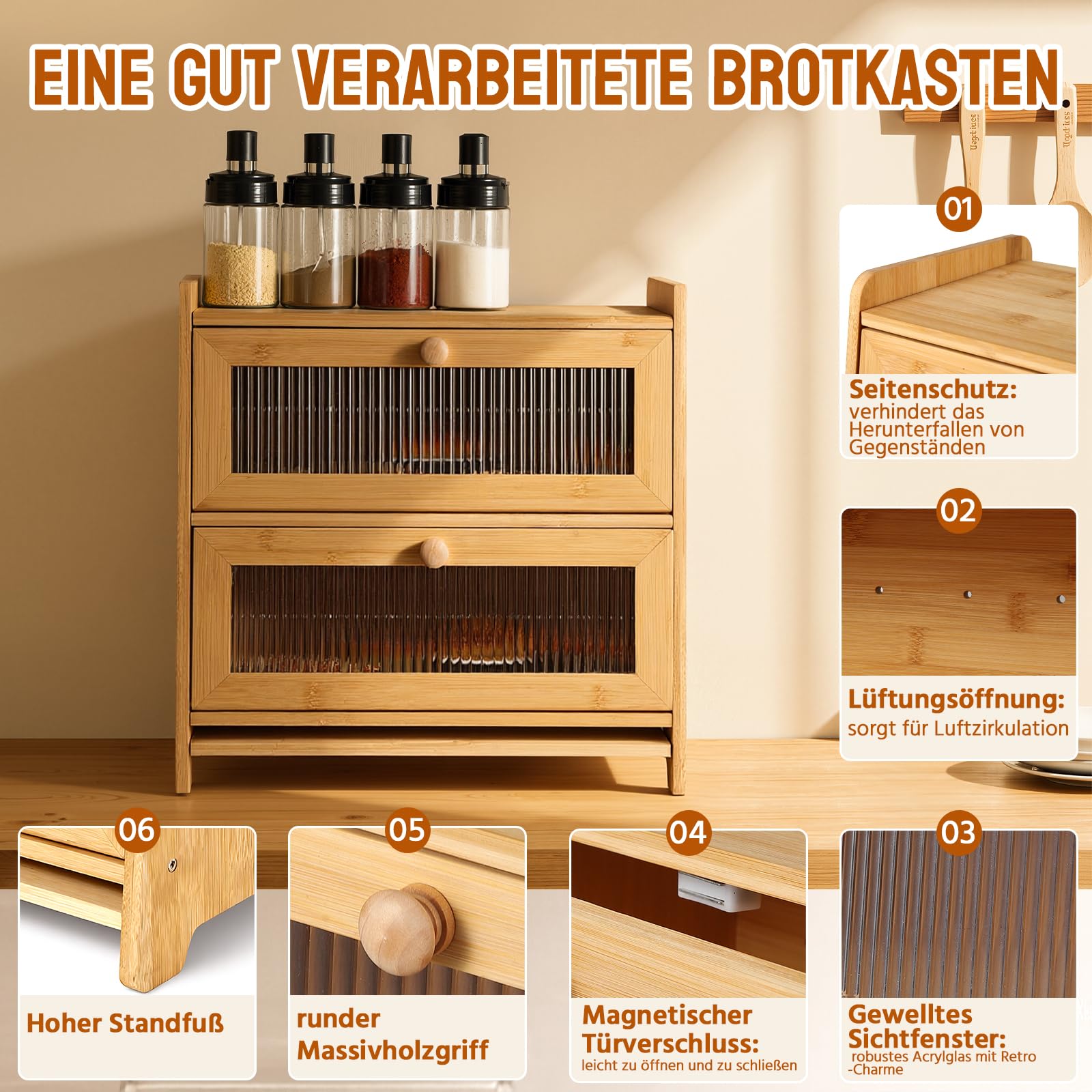 HAUSPROFI Brotkasten Bambus 2 Etagen, Brotkästen Holz mit Schneidebrett Belüftung Gewelltes Sichtbares Fenster, Elegant Brotbox Küche zur Brotaufbewahrung, Bread Box 40x25x40cm Groß