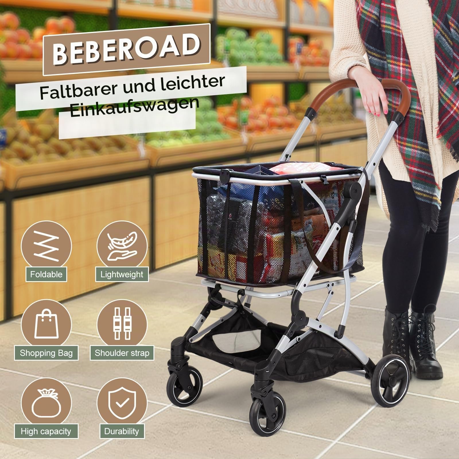 Beberoad Einkaufstrolley klappbar mit 52L Kapazität und belastbar bis 25kg, Tragbarer Einkaufstrolley mit stabilem Aluminiumrahmen, Tasche abnehmbar, Ideal für Senioren, Camping, Reisen & Alltag