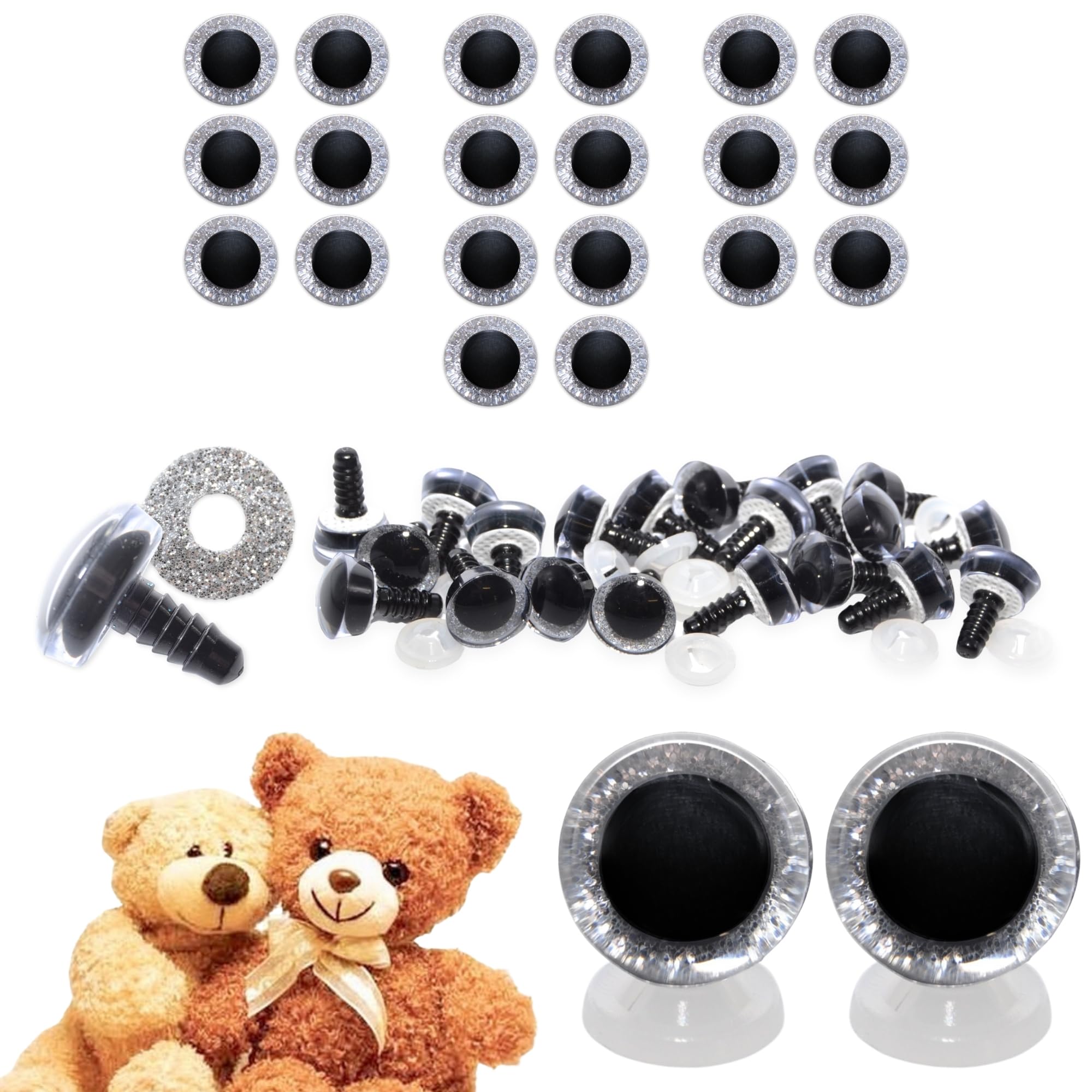 celloexpress 16mm Silver 3D Glitter Eyes with Plastic Backs - Sparkle Safety Eyes for Soft Toy Teddy Bear Animal Making (Pack of 10 Pairs)