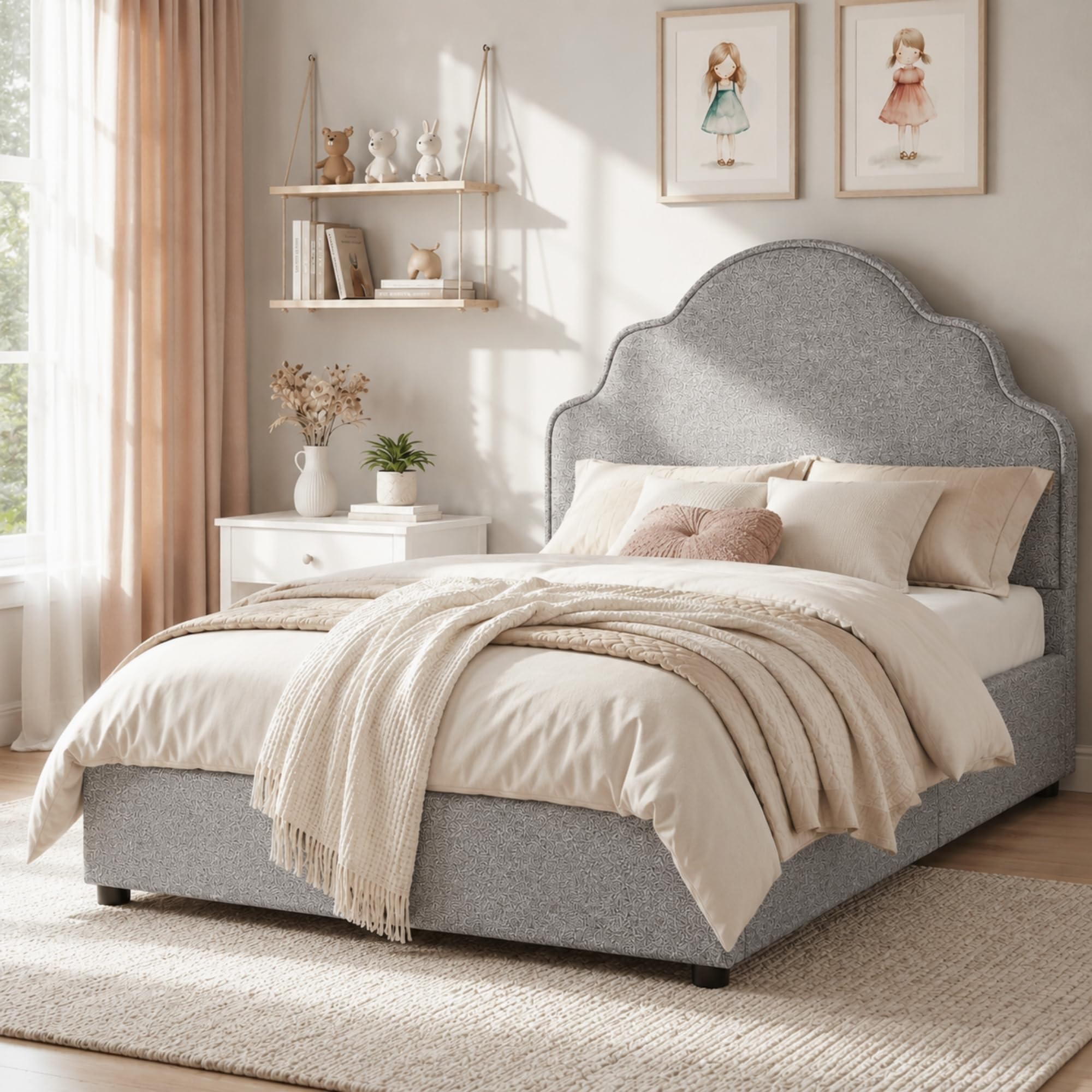 Ball & Cast Scalloped Upholstered Kids Bed Frame 3FT Single(90 x 190 cm) - Princess Style Bed with Curved Headboard, Soft Linen Fabric, Padded Low Platform Bed for Bedroom, Light gray, Linen
