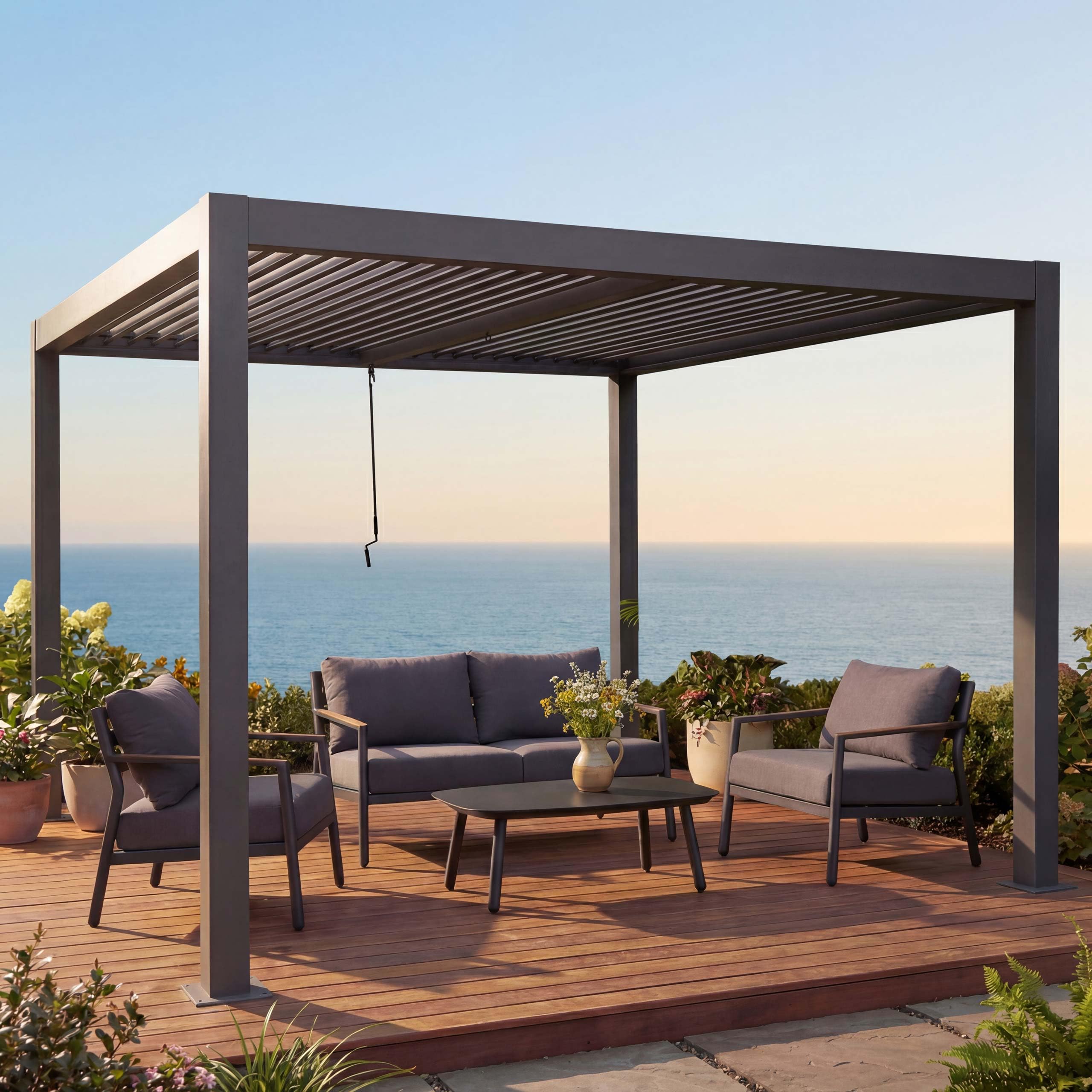 Mendler Pergola HWC-L46 Gartenpavillon Lamellen-Pavillon, 10cm-Aluminium-Gestell, Regenrinne, anthrazit