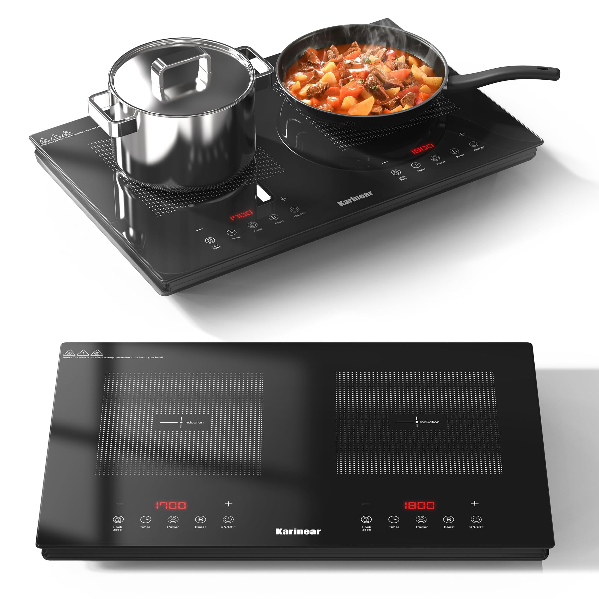 Karinear Double Induction Hob, Upgrade Induction Cooker Touch Contol 9 Powe Level, 3500W 4H Timer, Safety Lock (1 Unit) for kitchenette, RVS, Camping