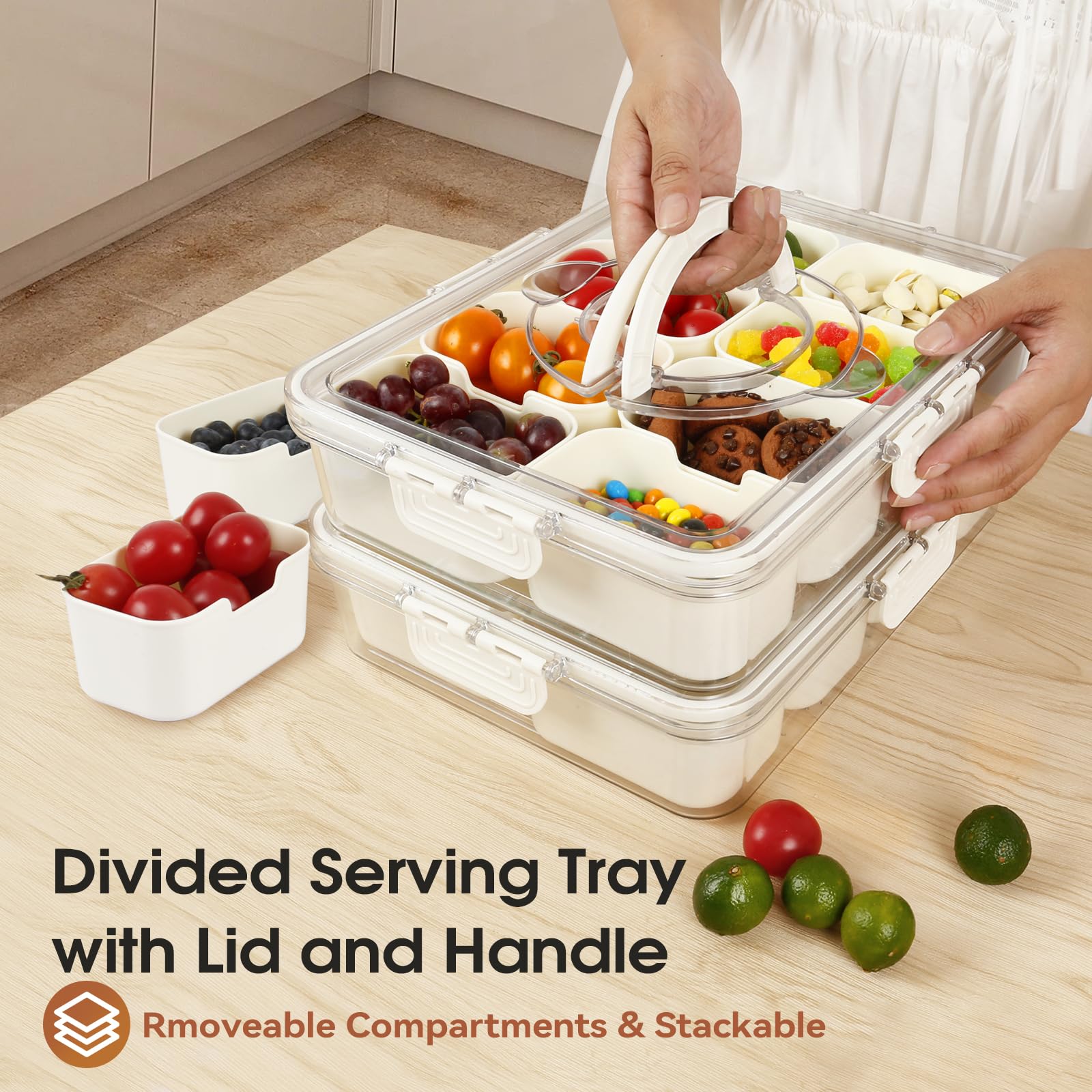 Contenitore per snack con coperchio ermetico, 1 vassoio per alimenti diviso, organizer multi-scomparto per verdure, frutta e snack, impilabile, senza BPA, lavabile in lavastoviglie