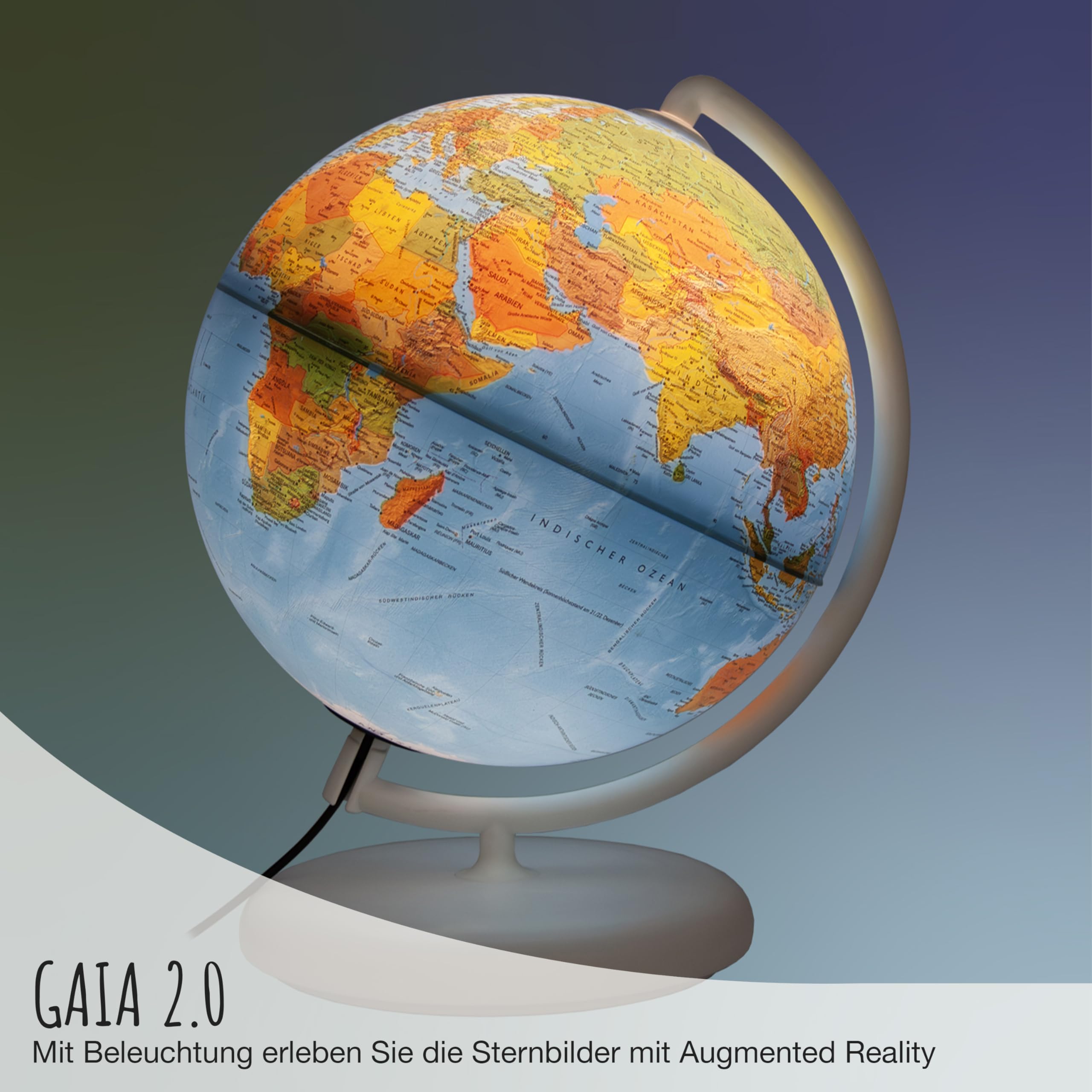 Gaia 2.0 - interaktiver 25 cm Globus mit aktueller Augmented Reality App, Leuchtglobus mit deutscher, physisch/politischer Doppelbild-Kartografie