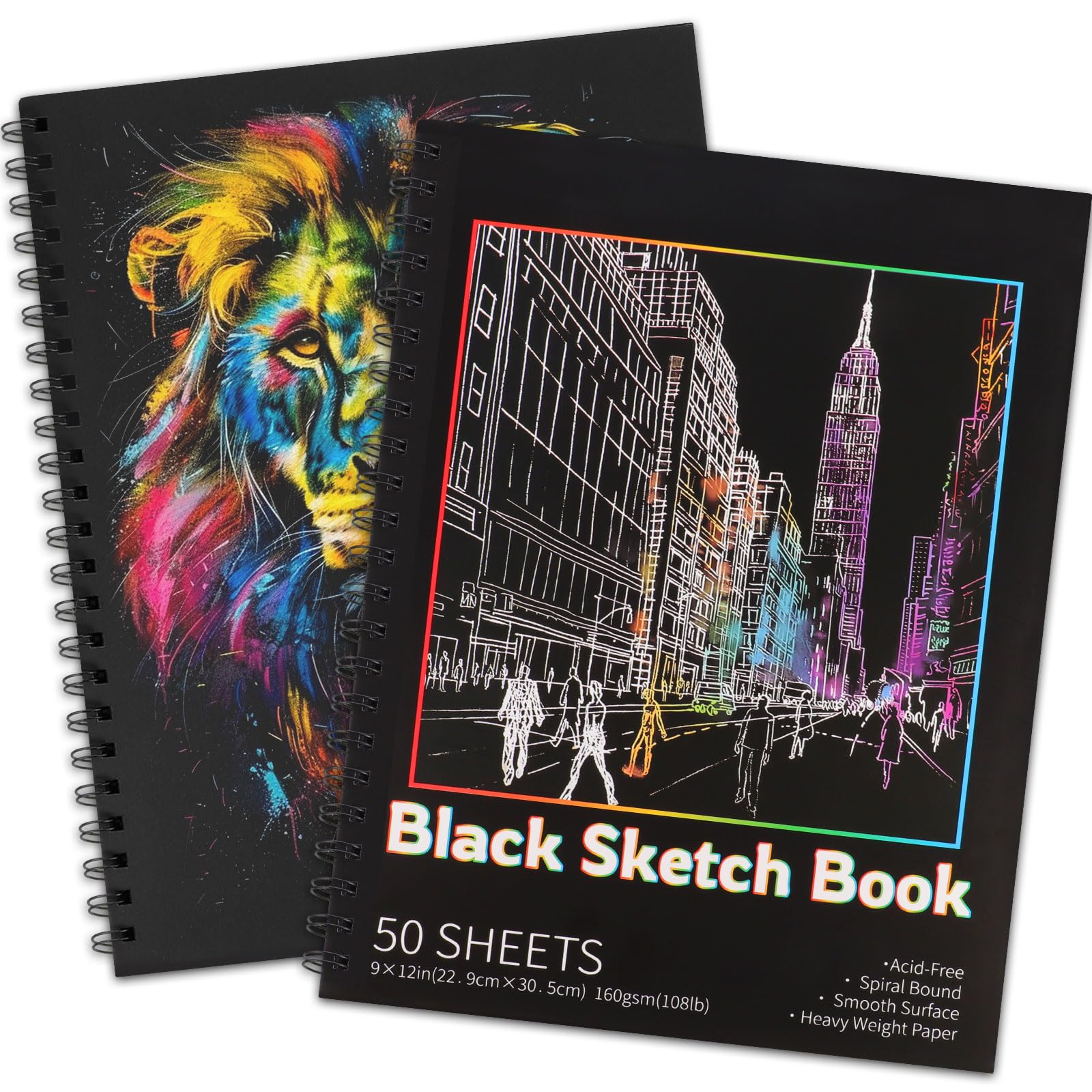 Lot de 2 carnets de croquis en papier noir de 100 feuilles, 160 g/m², 22,9 x 30,5 cm, papier à dessin sans acide, carnet de croquis à spirale pour enfants, adolescents, artistes.
