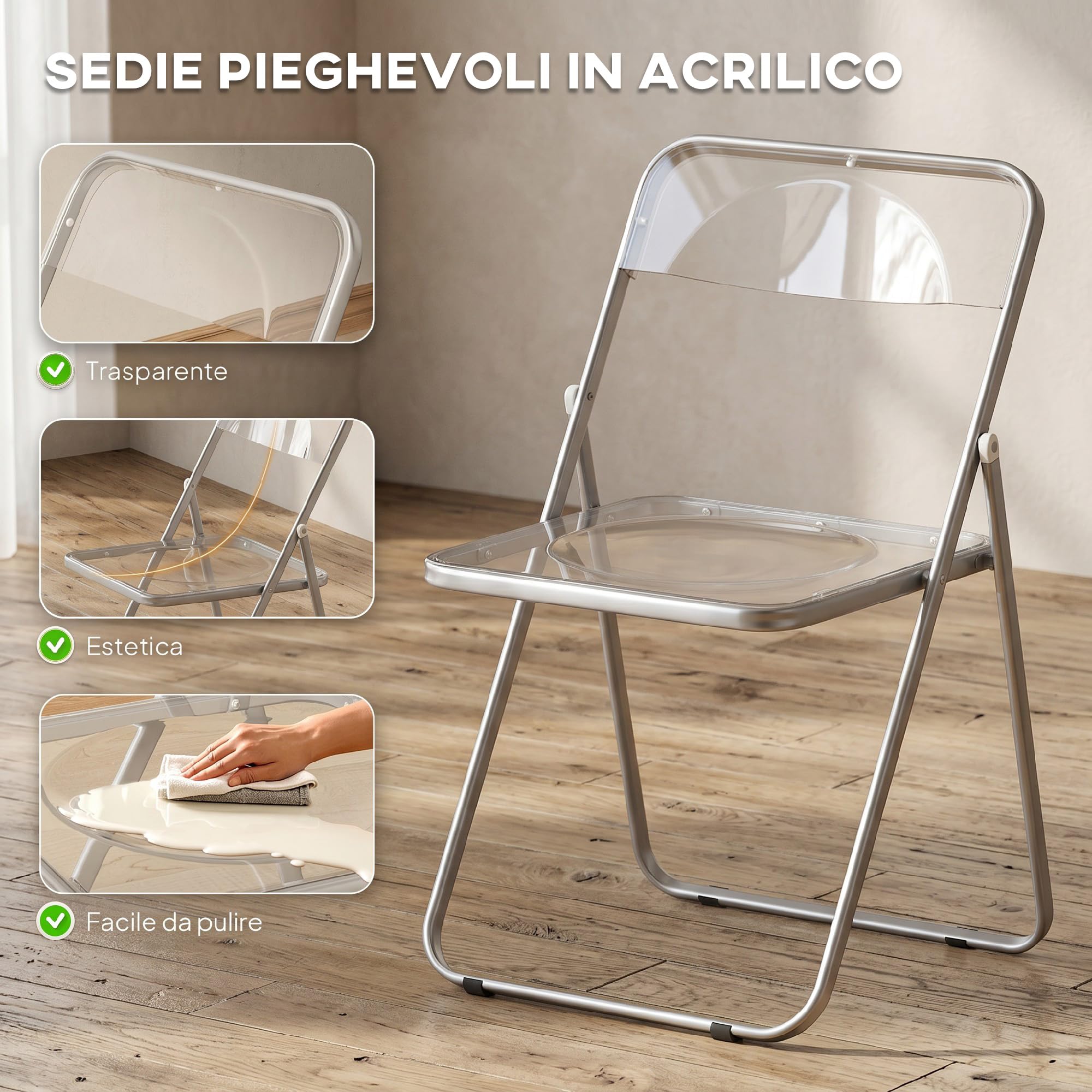 HOMCOM Set di 4 Sedie Pieghevoli in Acrilico, Sedie Richiudibili da Interno Salvaspazio con Struttura in Acciaio, Sedia Pieghevole Portatile per Casa Ufficio Cucina Eventi, 47x48x75 cm, Trasparente