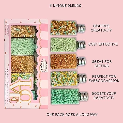 Miniatura 9 de Confect Mezcla de chispas comestibles, paquete de 5  Cool Summer Breeze Theme  Grageas de perlas amarillas, verde menta y doradas, azúcar dorado