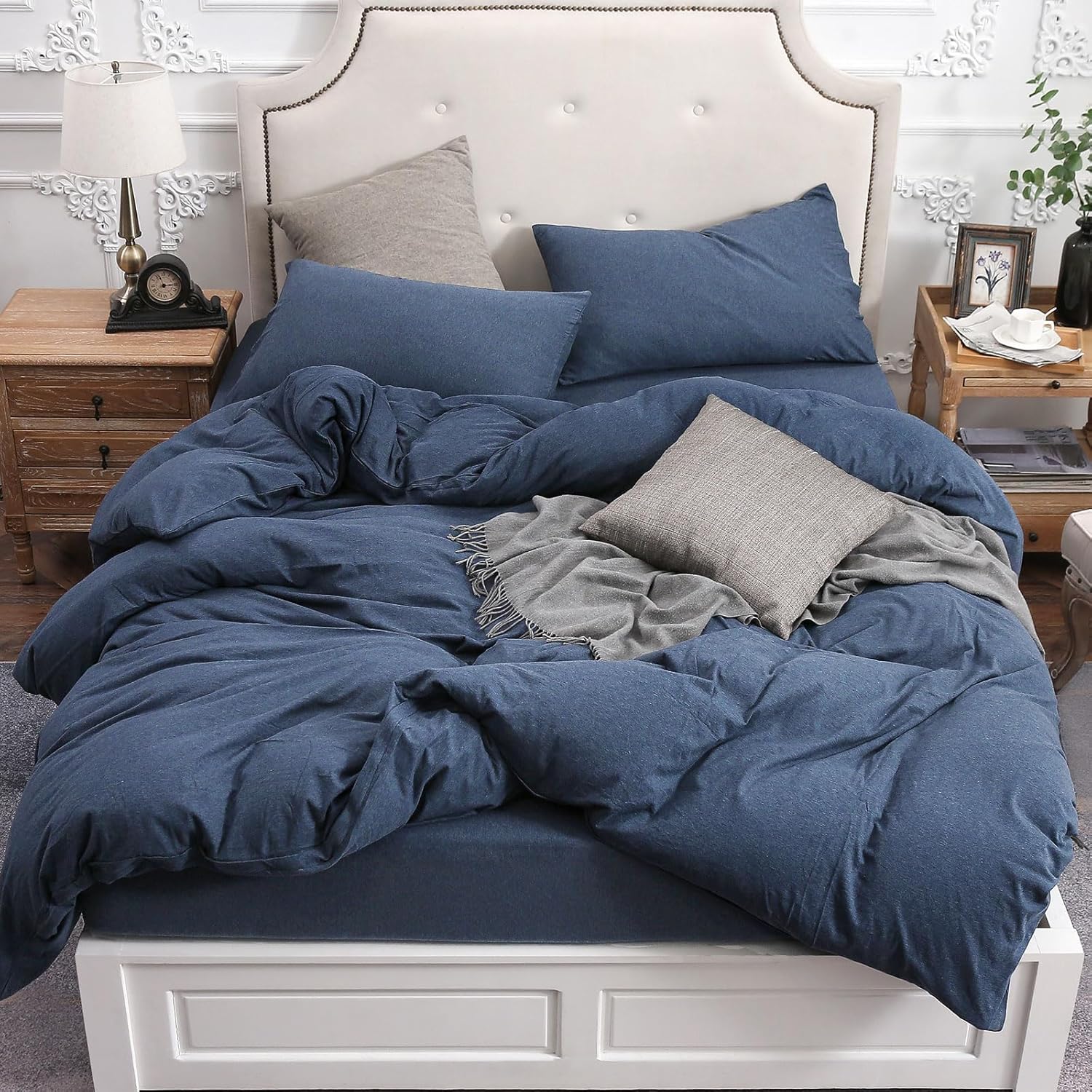 PURE ERA Jersey Knit Duvet Cover Set 100% T-Shirt Cotton Super Soft Comfy 3pc Bedding Set with Zipper Closure (Heather Navy Blue, Oversized King)