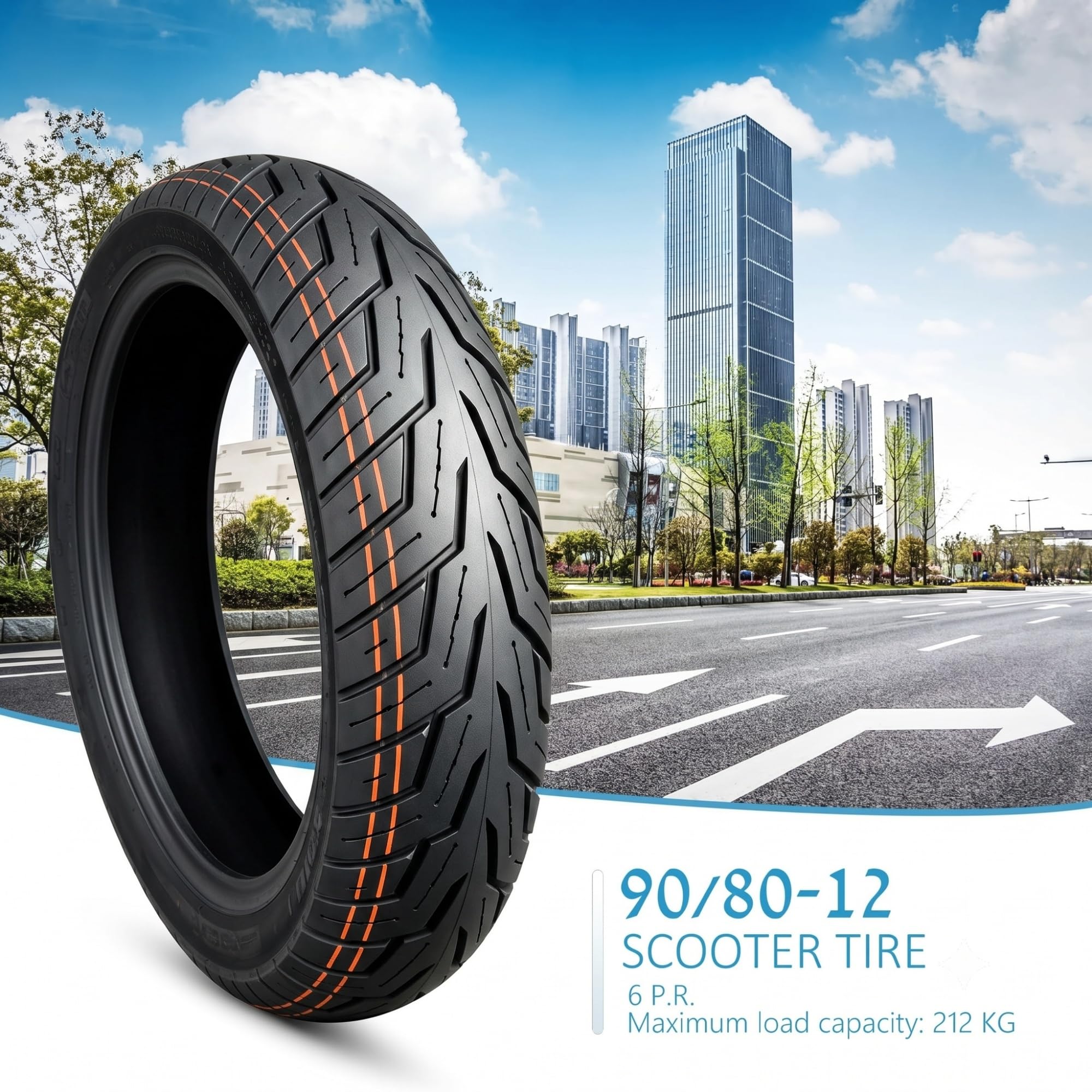 90/80-12 Neumático Moto Tubeless con Dibujo Todo-Terreno 90/80/12 6 P.R. Construcción Alta Carga y 90 80 12 Neumático con Adherencia Duradera para Ruedas Delantera y Trasera