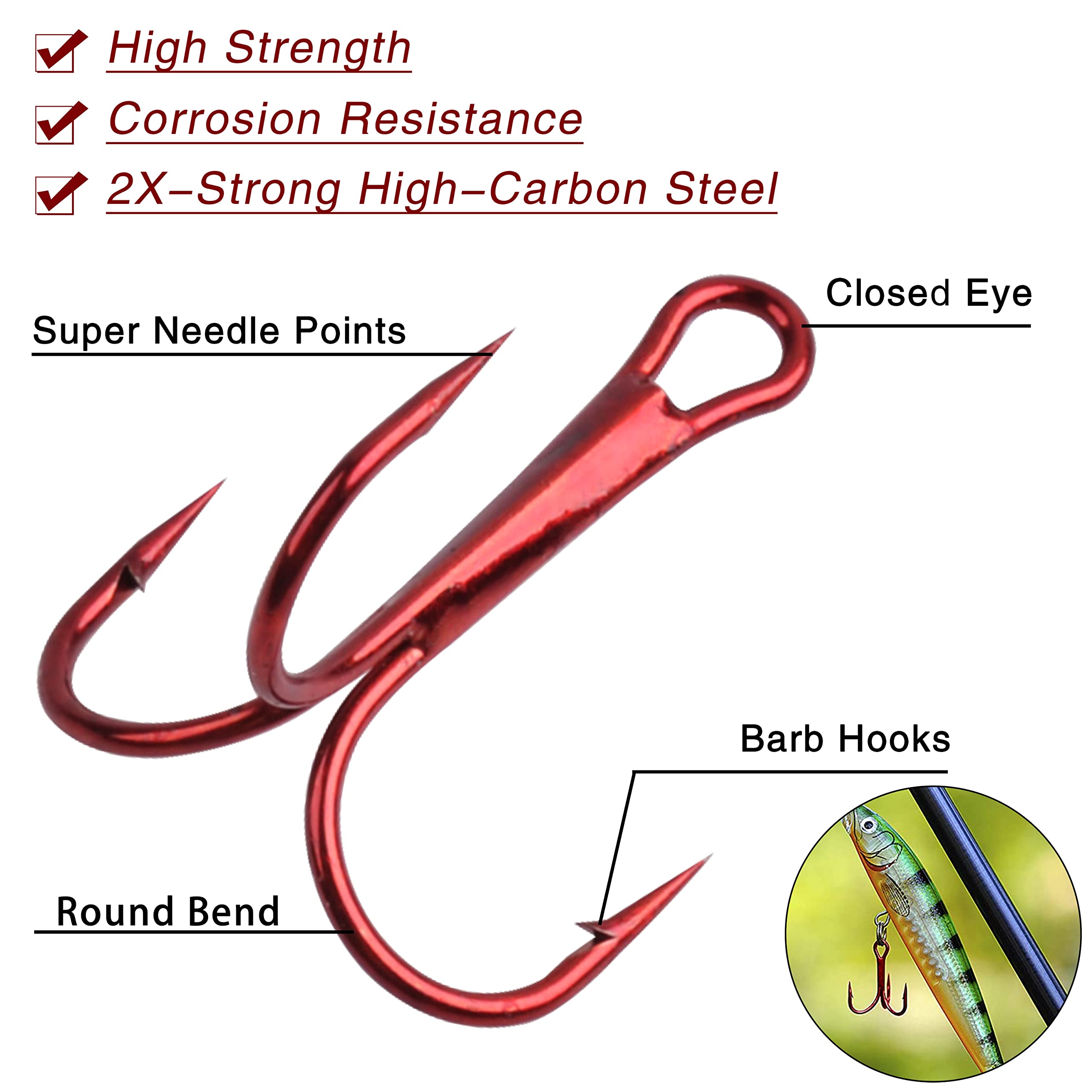 Fishing Treble Hooks - 120pcs Sharp Red Treble Fishing Hooks Round Bend Strong High Carbon Steel Barbed Fish Hook for Catfish Bass Trout Freshwater Saltwater Size: 1/0# - 14#