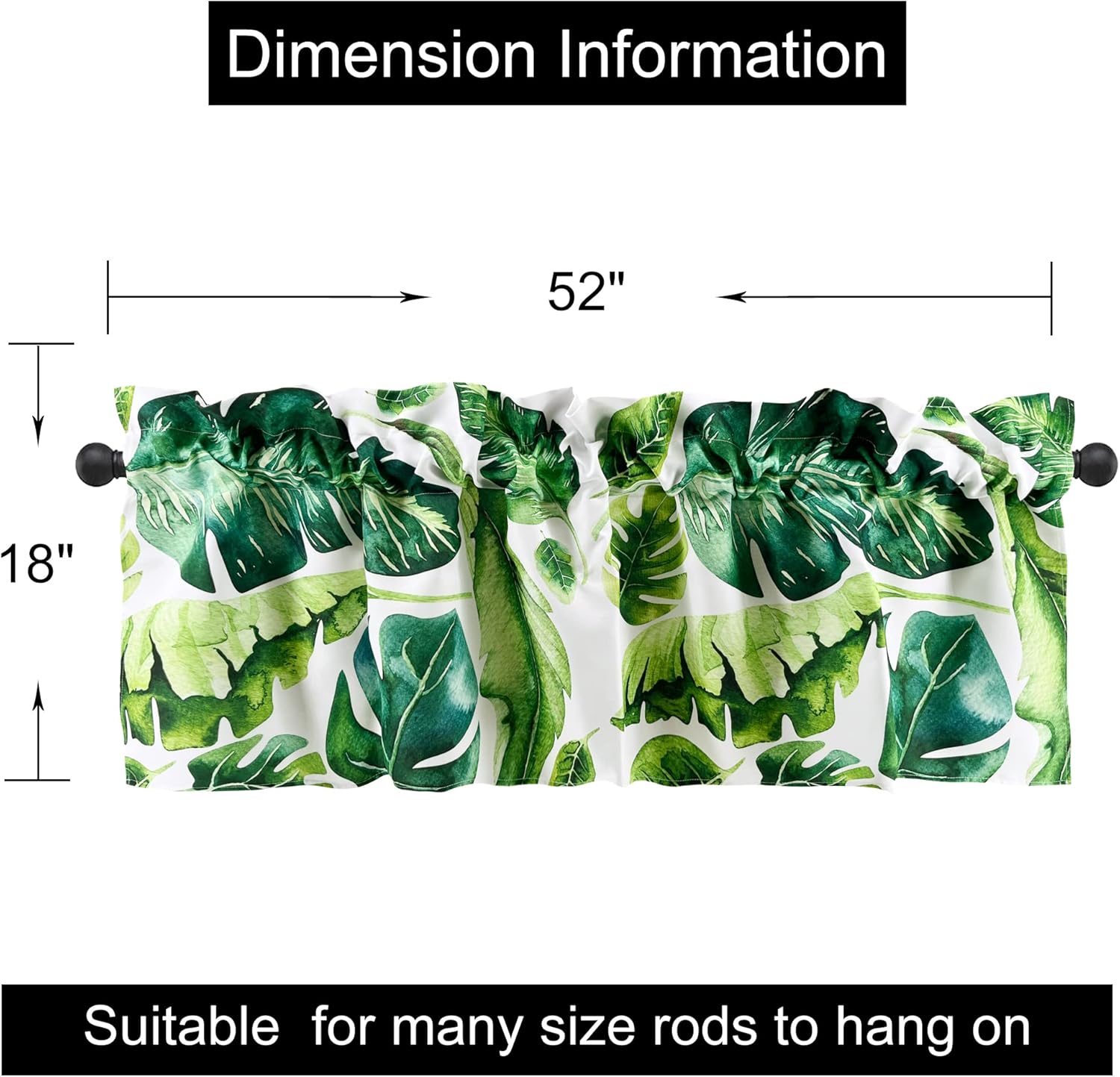 Green Monstera Leaves Kitchen Valances for Windows Tropical Plant Rod Pocket 52"x18" Curtain Valances for Cafe Living Room Bath Room 2 Panels
