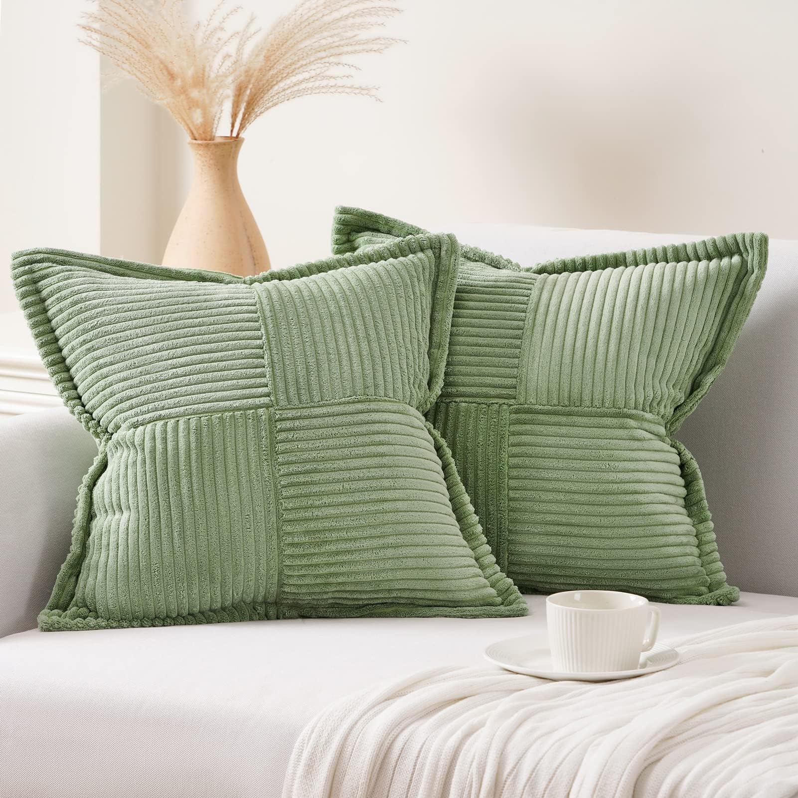 Topfinel Cozy Room Decor Throw Pillows Covers for Couch 20x20 Set of 2-Sage Green Living Room Rustic Farmhouse Cushion Case-Corduroy Accent Bed Sofa 20 Inch Euro Shams