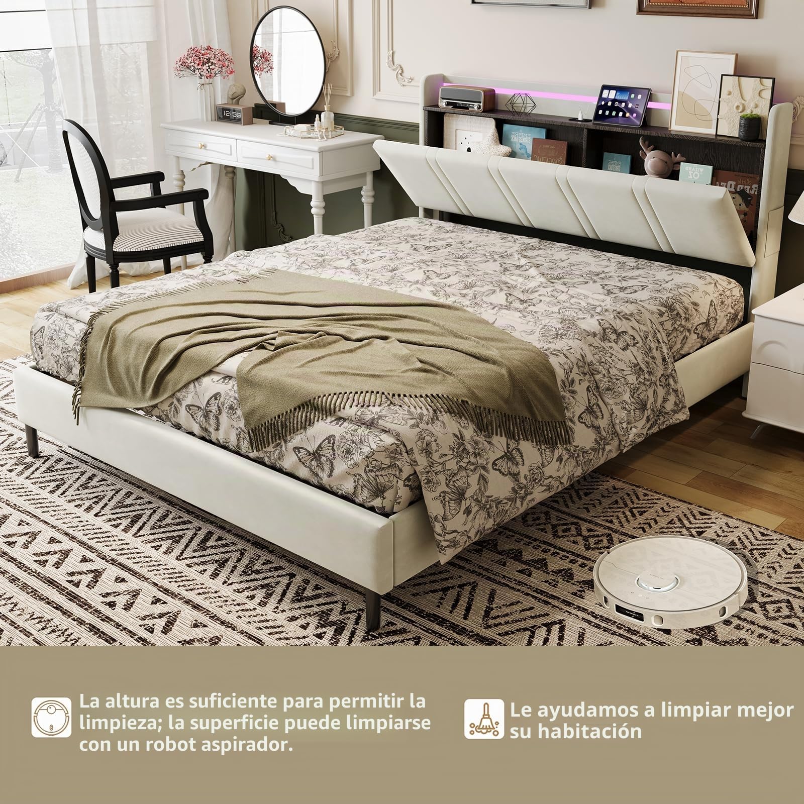 Camas Matrimoniales 160x200 con Tira LED y USB C, Cama Tapizada en Terciopelo con Cabecero Almacenaje Multifuncional, cama Matrimonio con Somier 160x200 Madera,Marco Metálico,Estable500kg,Beige