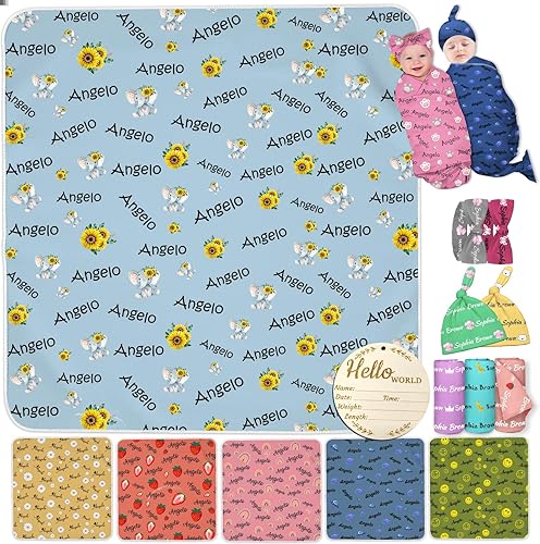 Manta personalizada para bebé, niña, niño, manta con nombre personalizado para recibir con diadema de lazo y sombrero, artículos personalizados para