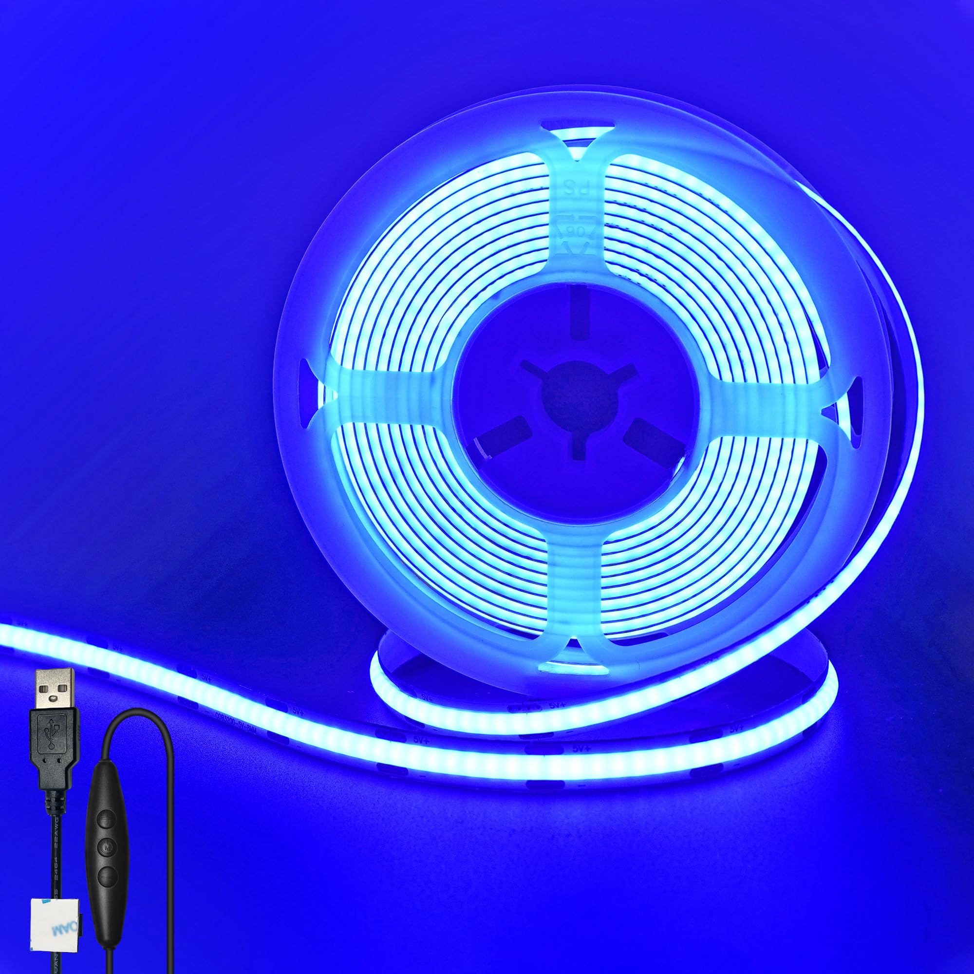 Clearhill Blue 5V Usb Cob Led Strip Lights With Dimmable Switch,,8Mm Width 320Leds/M,8W/M,Cri90,16.4Ft/5M,Electroplated Double-Sided Panel Light Strip,Waterproof Ip20,For Indoor Decoration
