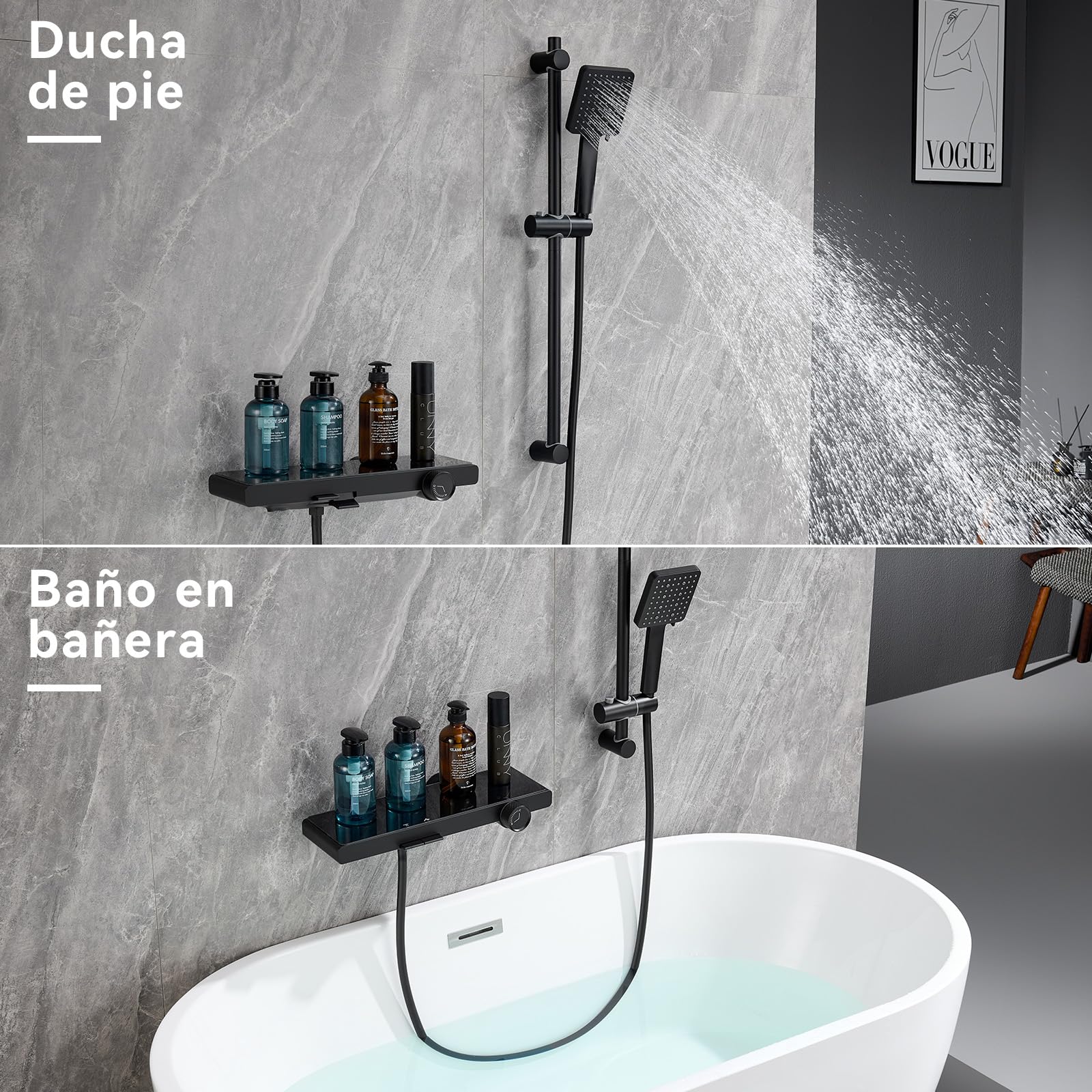 Auralum Grifo Bañera con Ducha y Caño, Diseño Piano con Estante Amplio para Baño, Columna Ducha Ajustable con Alcachofa Ducha 6 Funciones, Barra Ducha Regulable, Flexo PVC 1,5 m Antitorsión, Negro