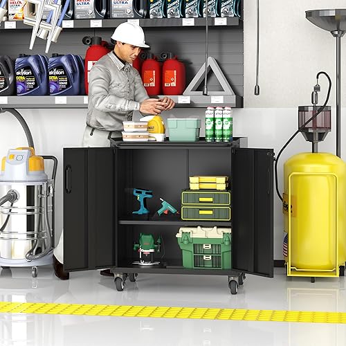 Vista 81 de Armario de almacenamiento de metal con estantes ajustables, armario de herramientas de garaje con 2 puertas con cerradura para oficina, hogar