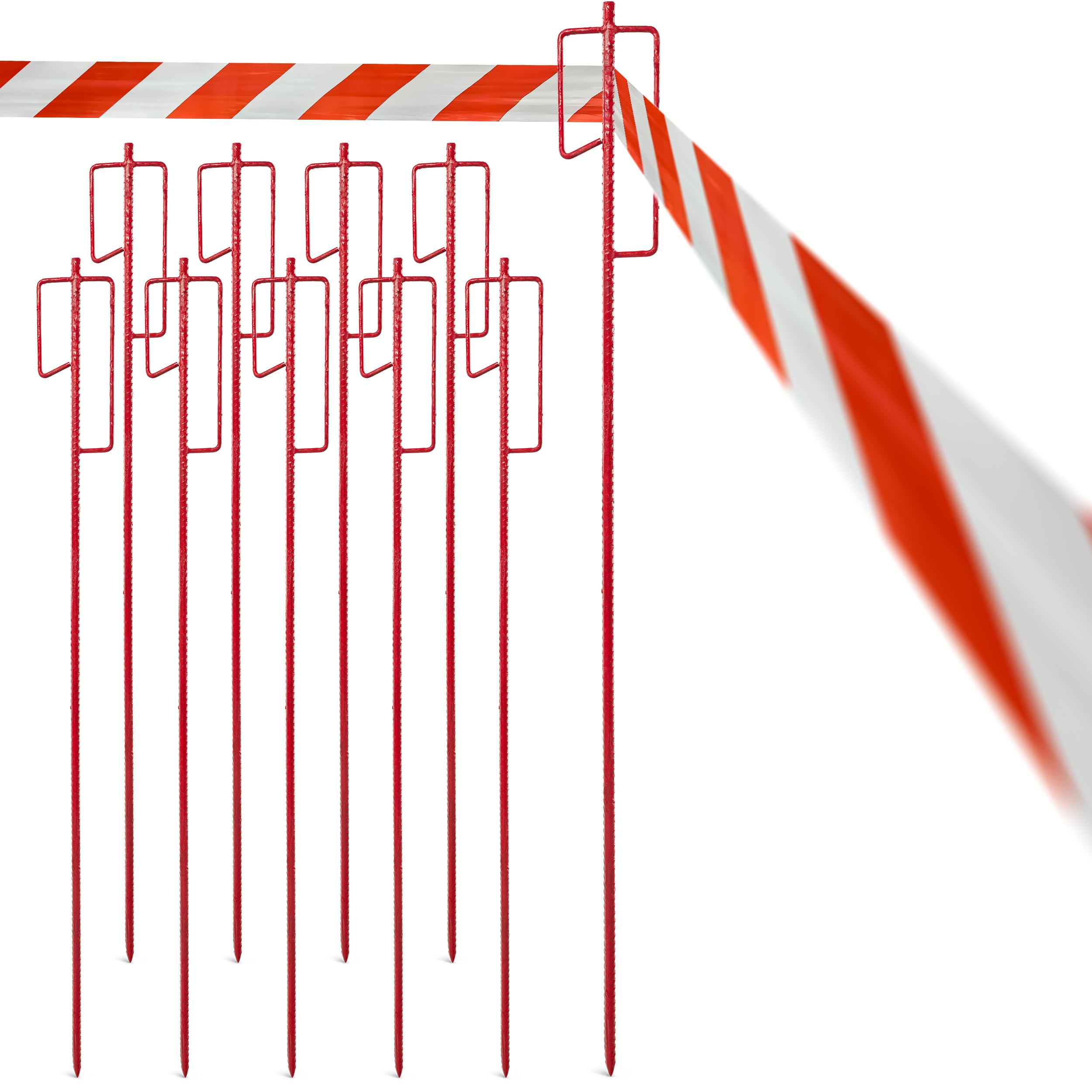 Novatool 10er-Set Absperrbandhalter Ø12 x 1100mm Rot, Metall Absperrband Absperrstangen Laternenstange Absperrleinenhalter Absperrhalter Schnureisen Schnurnagel, für Baustelle & Garten