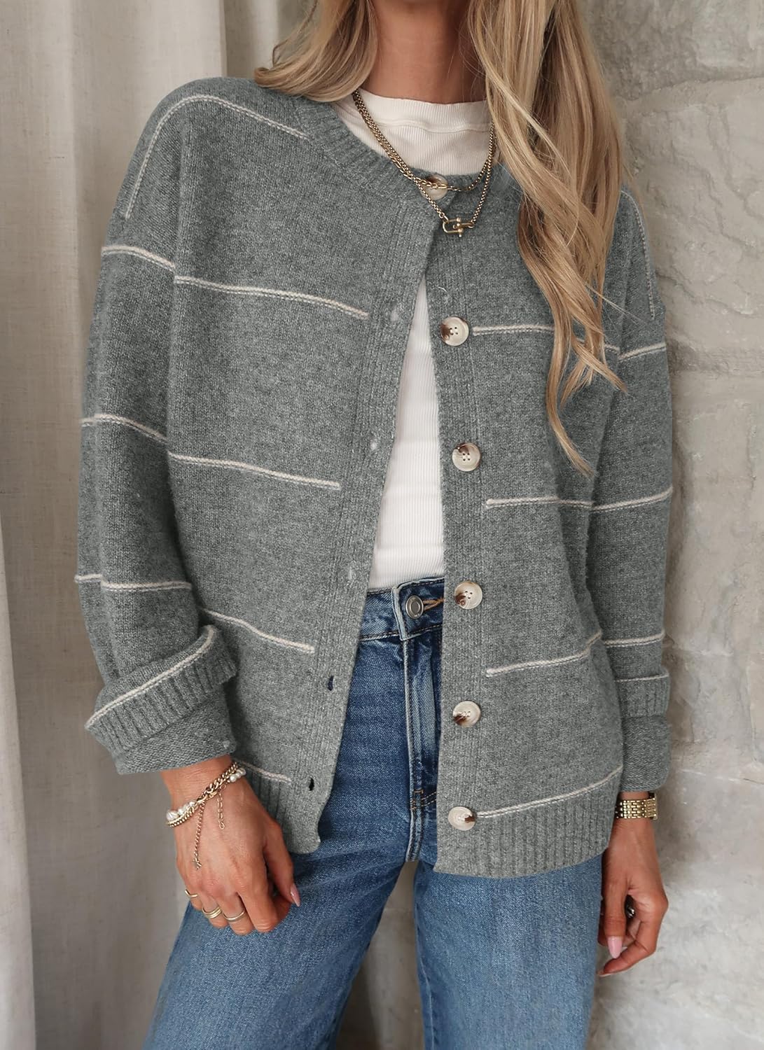 Balimtoy Striped Cardigan Sweaters for Women Trendy Long Sleeve Crewneck Button Up Sweater Fall Winter Outerwear - Image 2