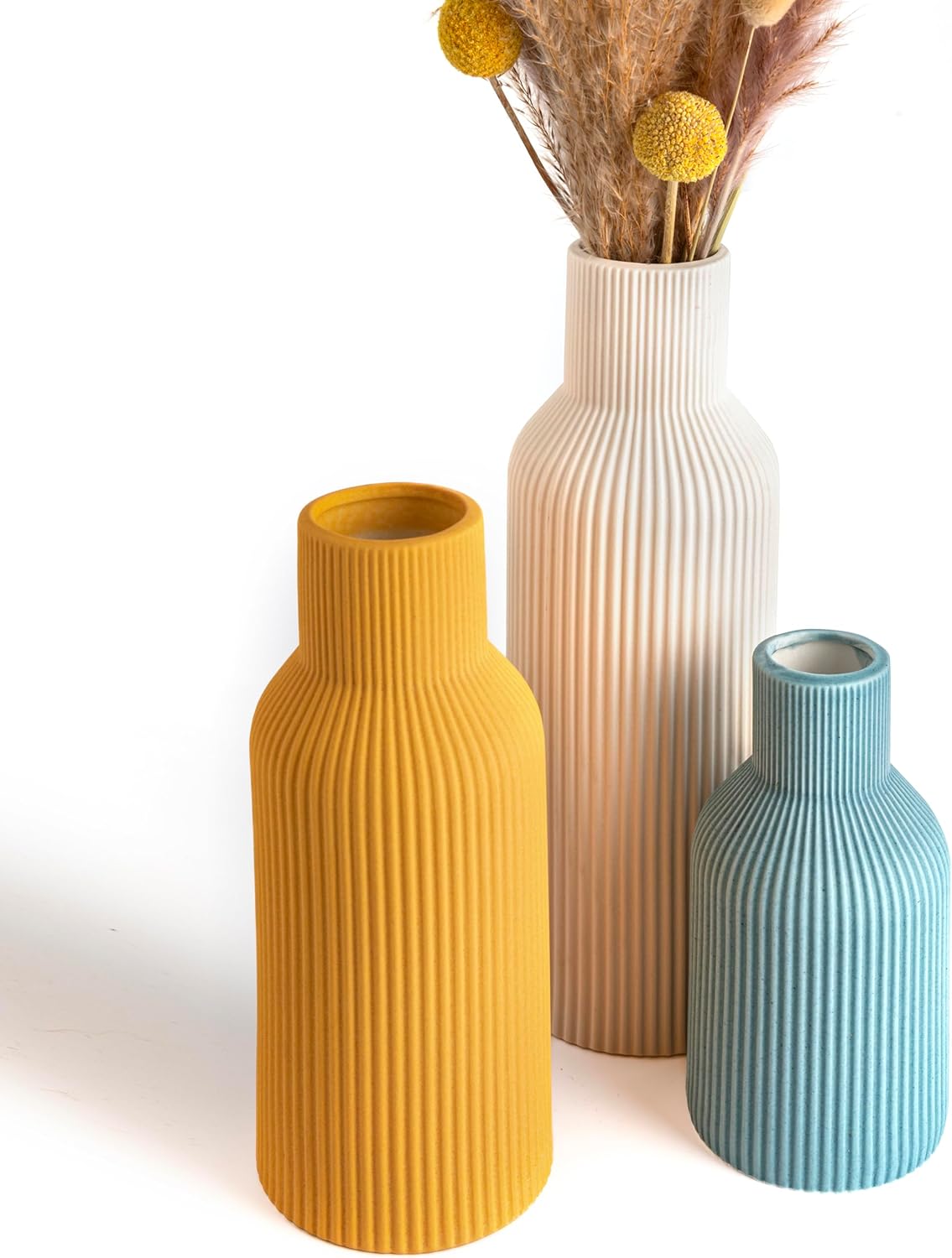 Colorful Ceramic Vases Set of 3 (White, Yellow, Blue) - Modern Matte Ribbed Color-Block Vases for Dried Flowers - Scandi Boho Decor Centerpieces for Living Room & Shelf