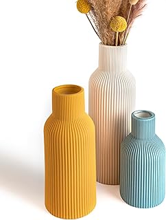 Colorful Ceramic Vases Set of 3, Colorful Ribbed Decorative Vases - Tabl...