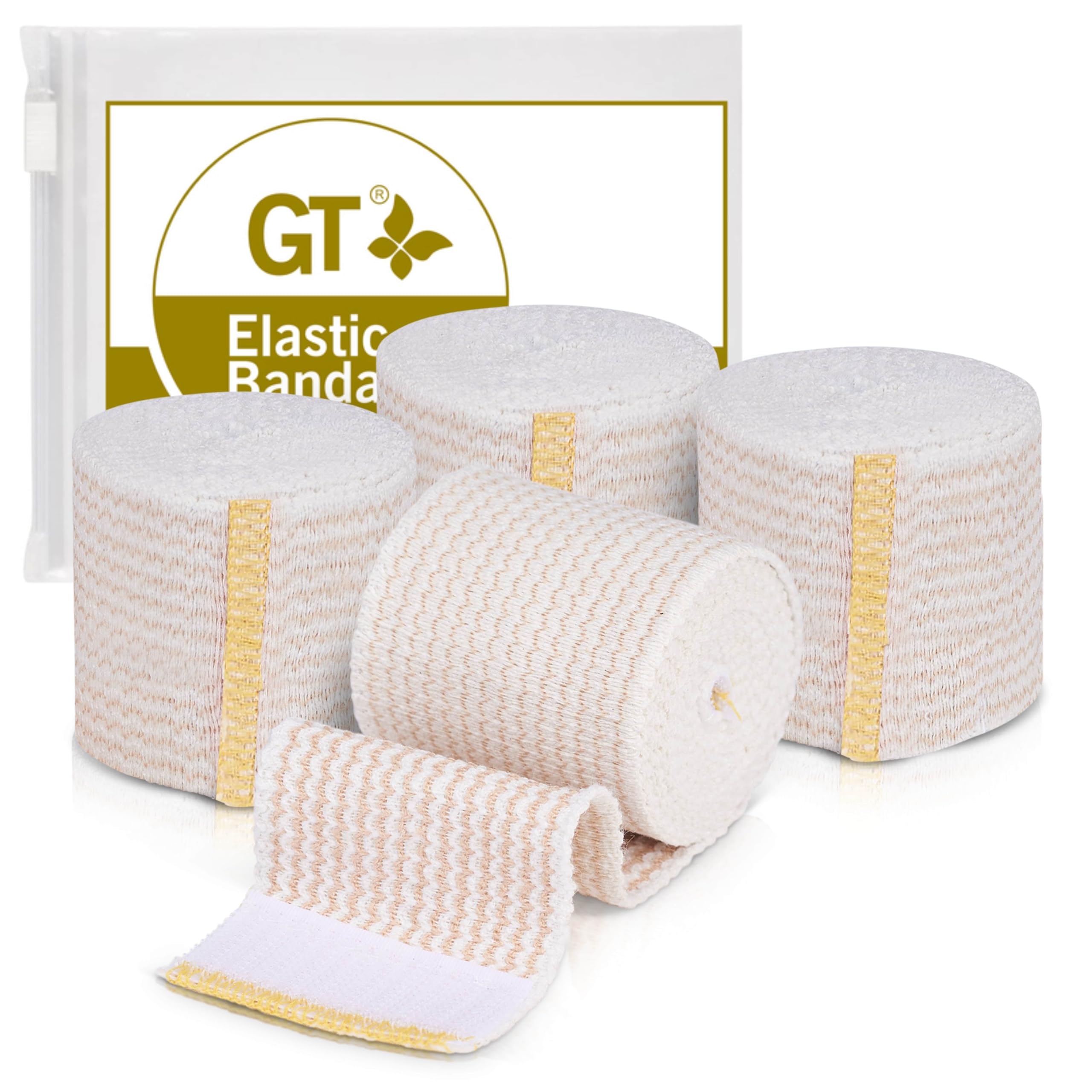Premium Elastic Bandage Wrap (2" 4 Pack) - Hook & Loop Fasteners at Both Ends - Latex Free Hypoallergenic Compression Roll - Reusable Bandages for