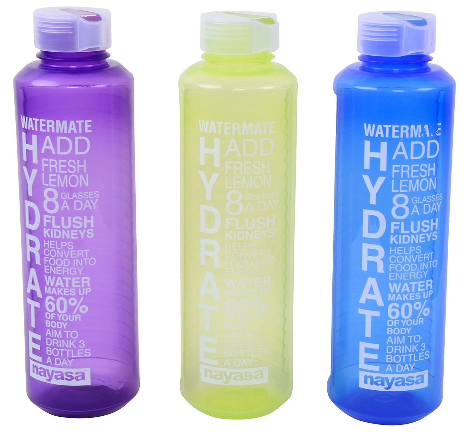 Nayasa Hydrate Plastic Fridge Water Bottle 1000 ml Set of 3 Multicolor