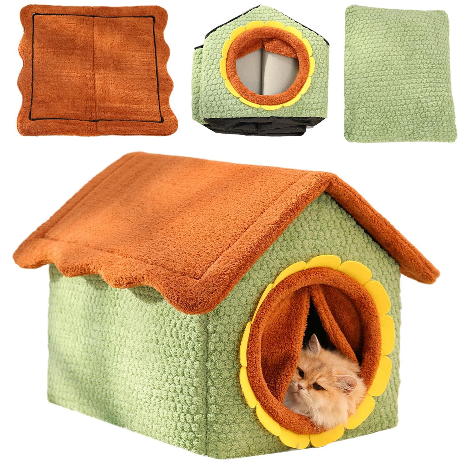 Casa Para Gatos Casa Cálida Cerrada Plegable | Cama Cueva Extraíble De Gatos Con Puerta De Girasol Para Cachorros, , Mascotas Pequeñas, Jugar En Interiores, Hogar,