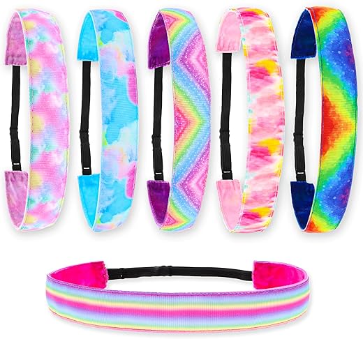 FROG SAC 6 Tie Dye Elastic Headbands for Girls, No Slip Adjustable Rainbow Hair Bands for Kids, Stretch Head Band for Teens, Cute Hair Accessories for Birthday Party Favors