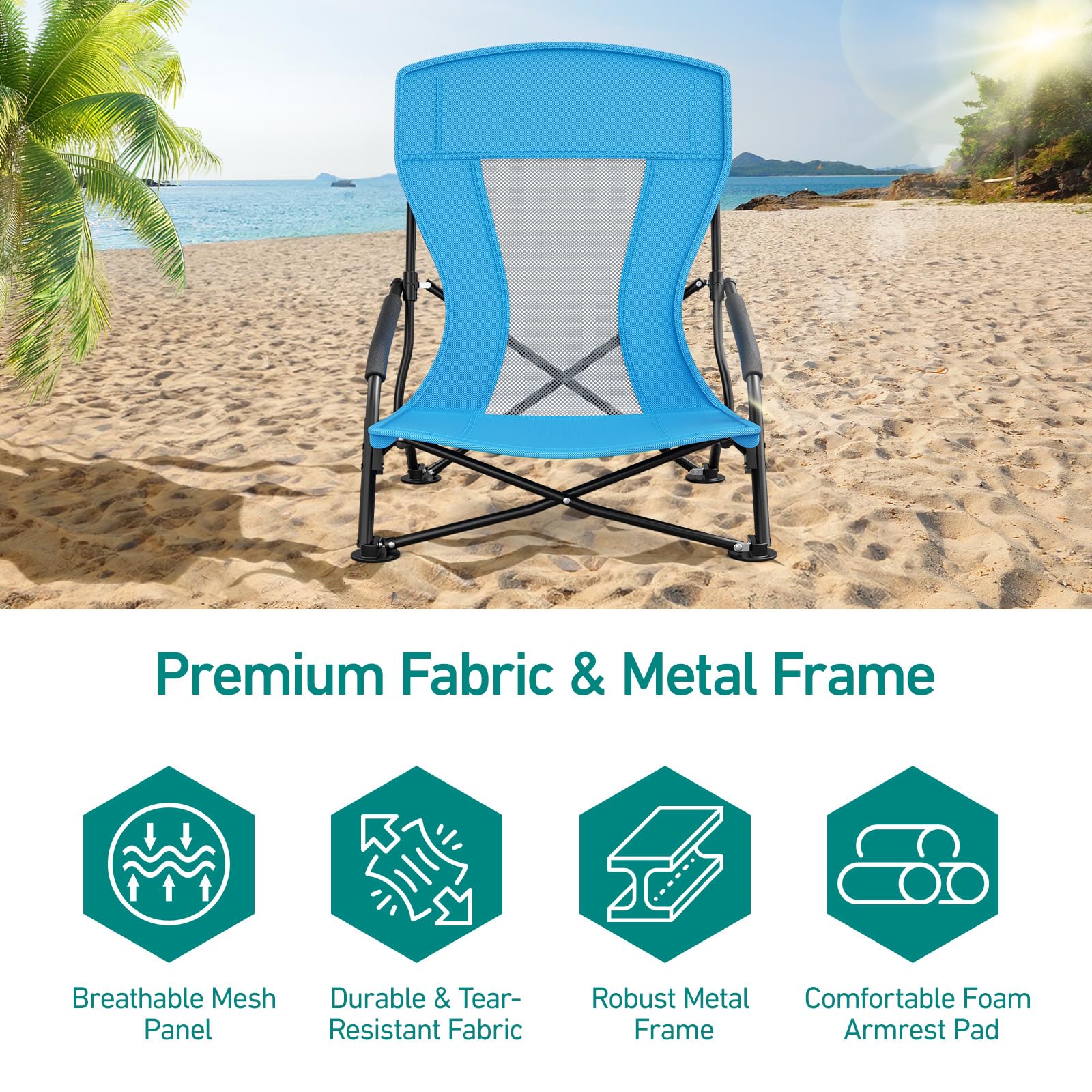 WildFun Strandstuhl Klappbar, Leicht Campingstuhl Faltbar mit Niedrigen Stuhlbeinen Atmungsaktiver Netzstoffrückenlehne und Tragetasche, Trägt bis 100kg für Strand See Garten Wandern (2Pcs, Blau)
