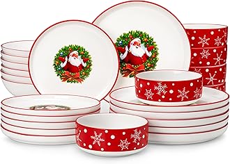 MALACASA Plates and Bowls Sets, 24 Pieces Christmas Porcelain Dinnerware Set for 6, Ceramic Dishware Dishes White Kitchen Dinner Dining Ware Set, Microwave and Dishwasher Safe, Series LUNA-Santa Claus
