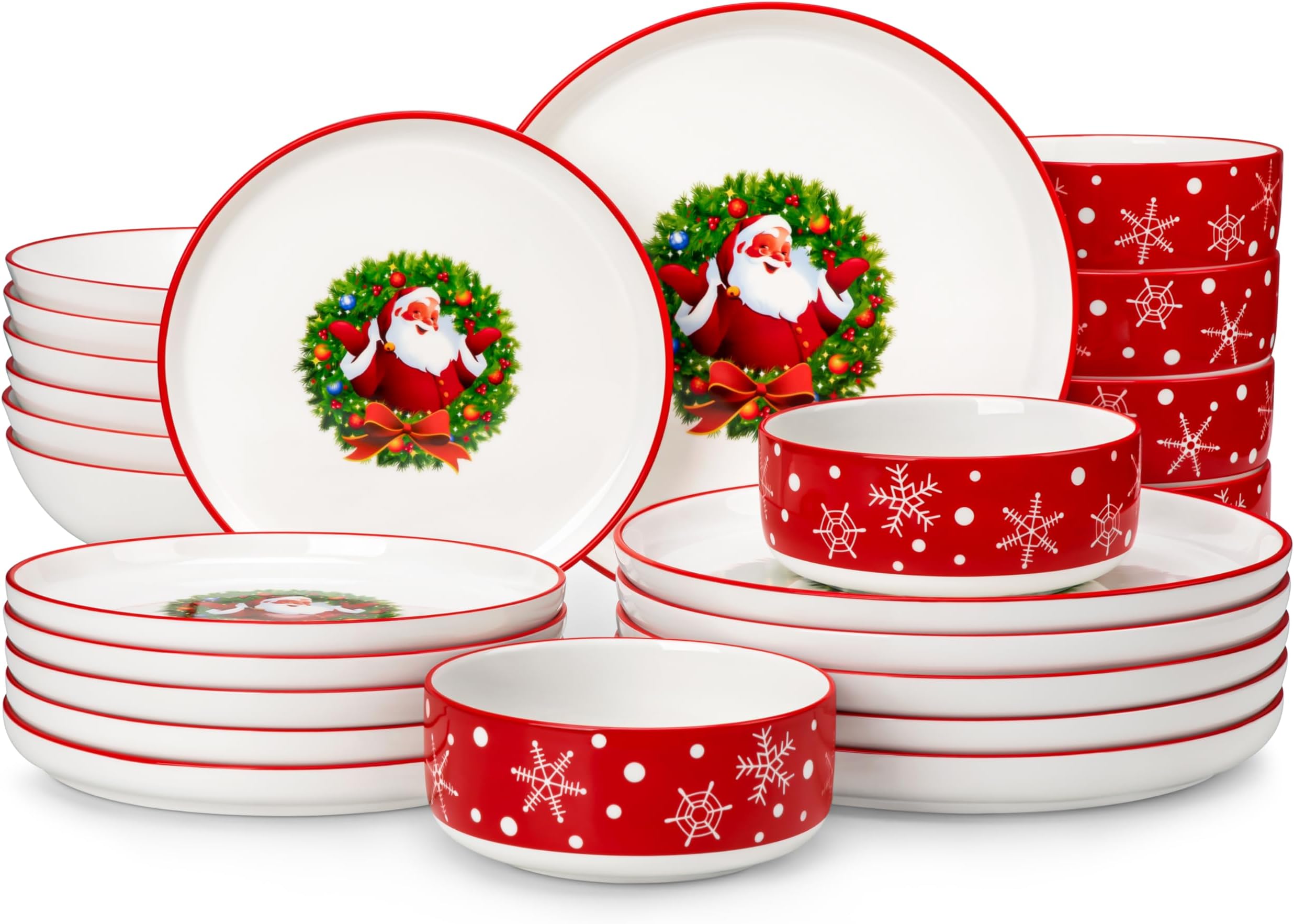 Plates and Bowls Sets, 24 Pieces Christmas Porcelain Dinnerware Set for 6, Ceramic Dishware Dishes White Kitchen Dinner Dining Ware Set, Microwave and Dishwasher Safe, Series LUNA-Santa Claus