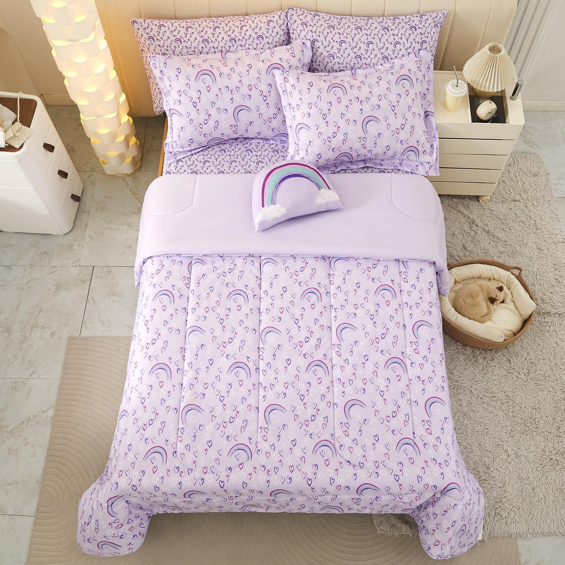 Mooreeke Full Size Comforter Sets for Girls Kids, 8 Pieces Bed in a Bag Purple Love Rainbow Bedding Comforter Sheet Set with Shams and Decorative Toy Pillow, Ultral Soft Microfiber Kids Bed Set