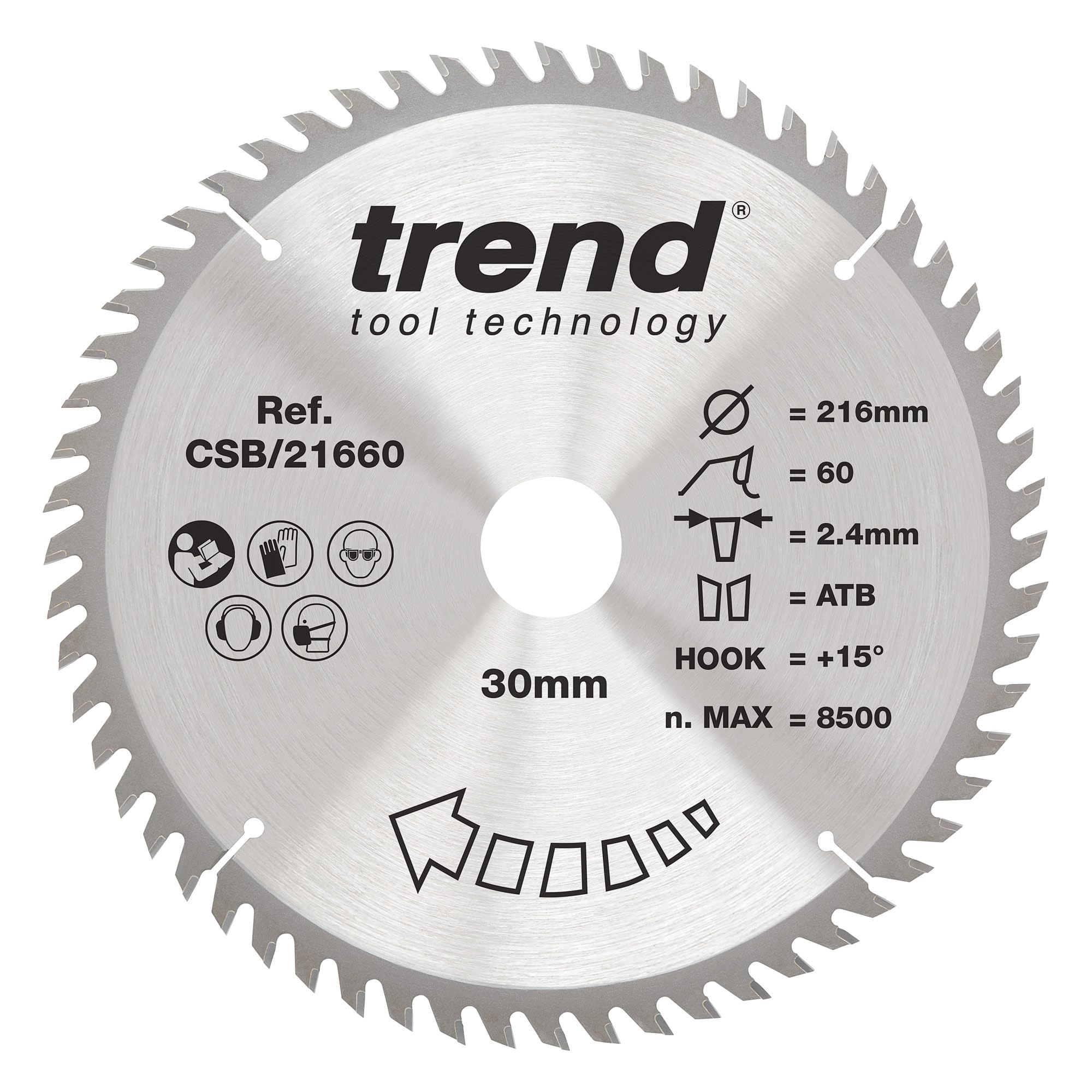 Trend Wood Circular Saw Blade, 216mm Diameter, 30mm Bore, 60 Teeth, 2.4mm Kerf, +15° Hook, TCT, Extra-Fine Finish, CSB/21660