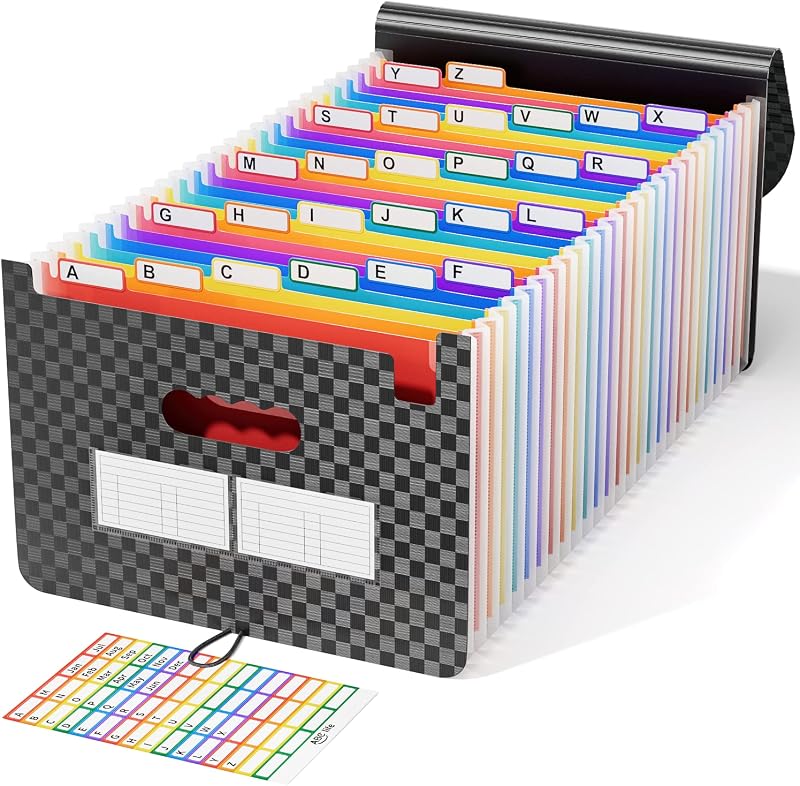 ABC life 26-Pocket Accordion File Organizer, Checkerboard | Monthly Bill & Receipt Holder with Colored A-Z Tabs, Folder Organizer for Home Office School, Fits Letter/A4 Size
