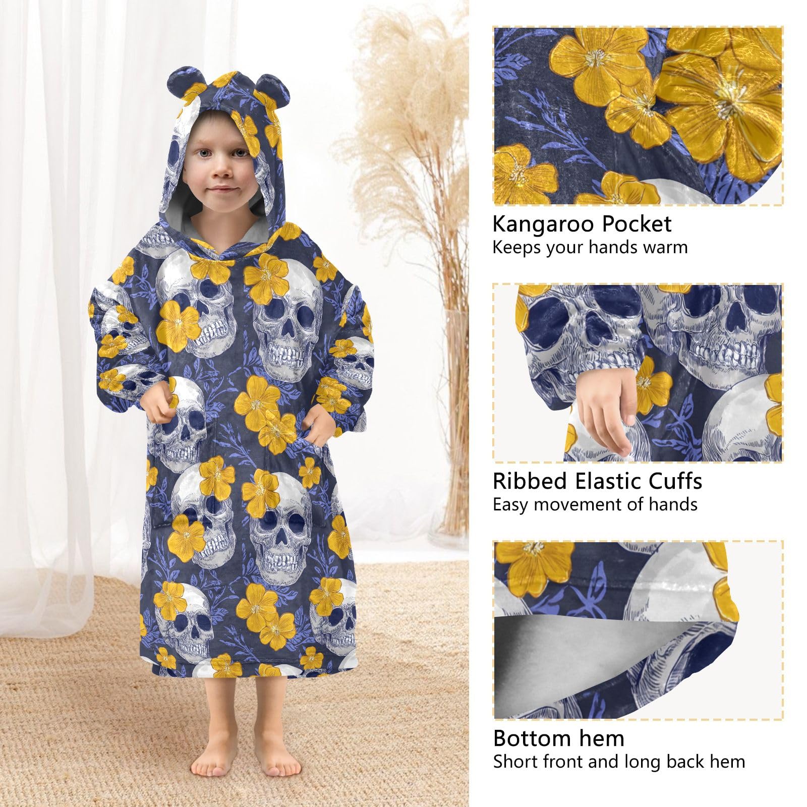 Manta con capucha y flores amarillas para niños, bata de franela suave con orejas y bolsillos, ropa de dormir cálida para niños y niñas