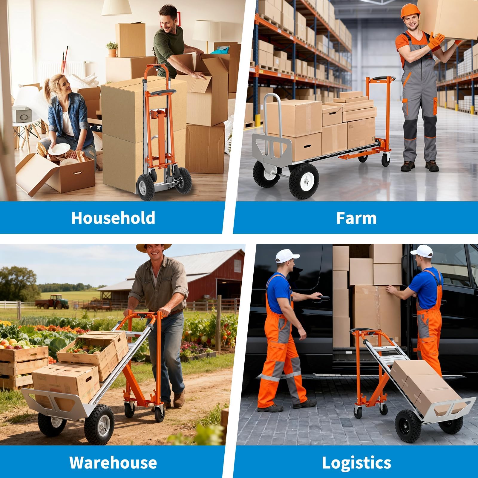 4-in-1 Schwerlast-Plattformwagen aus Aluminium – 1000 kg Tragkraft – Klappbar & vielseitig – Ideal für Haushalt, Lager, Büro, Logistik – Mit Rollen – Farbe: Orange