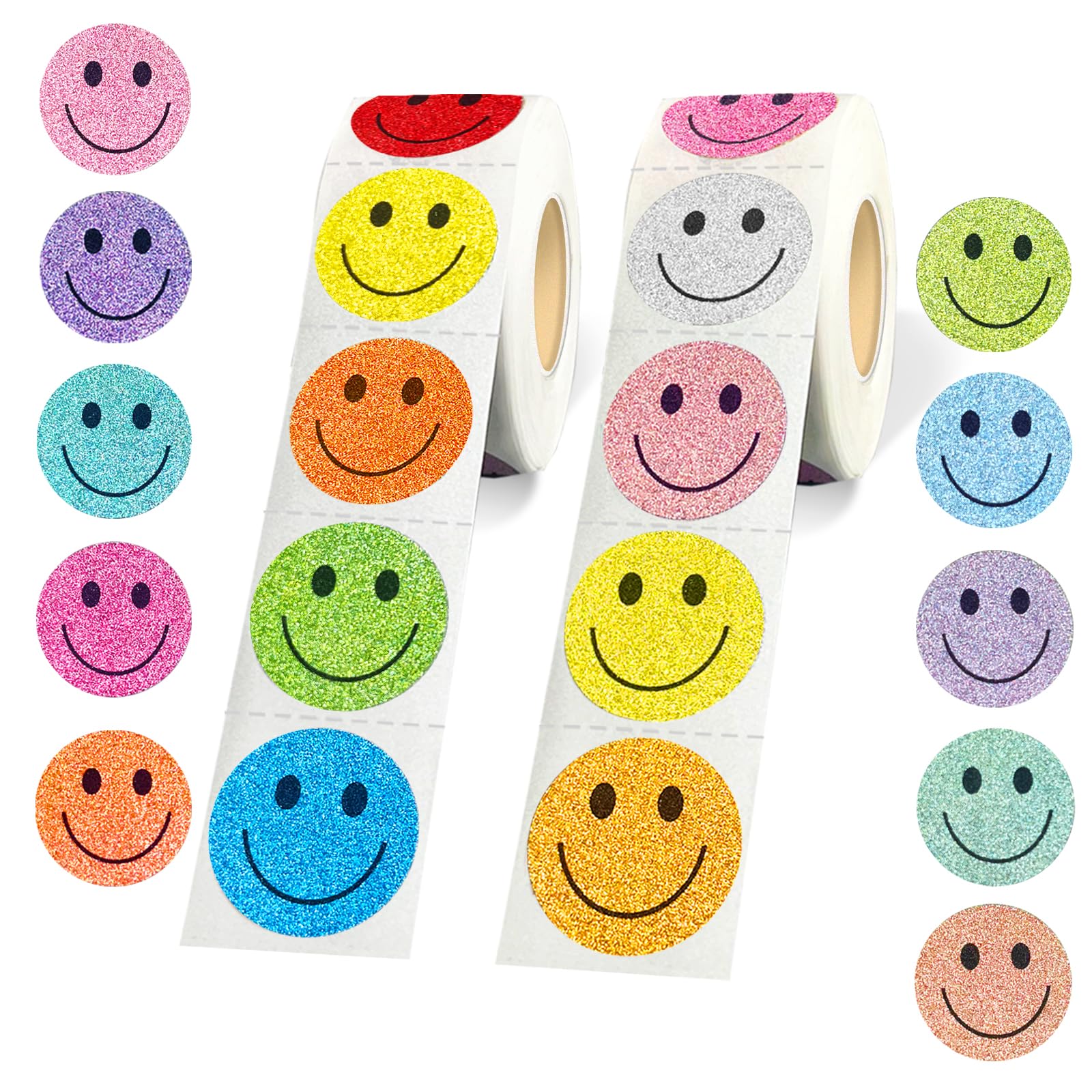 Yeachlaing 1 Inch Shiny Happy Face Stickers Circle Dots Labels Reward Stickers Teachers Sticker (1000PCS,Multicolored)