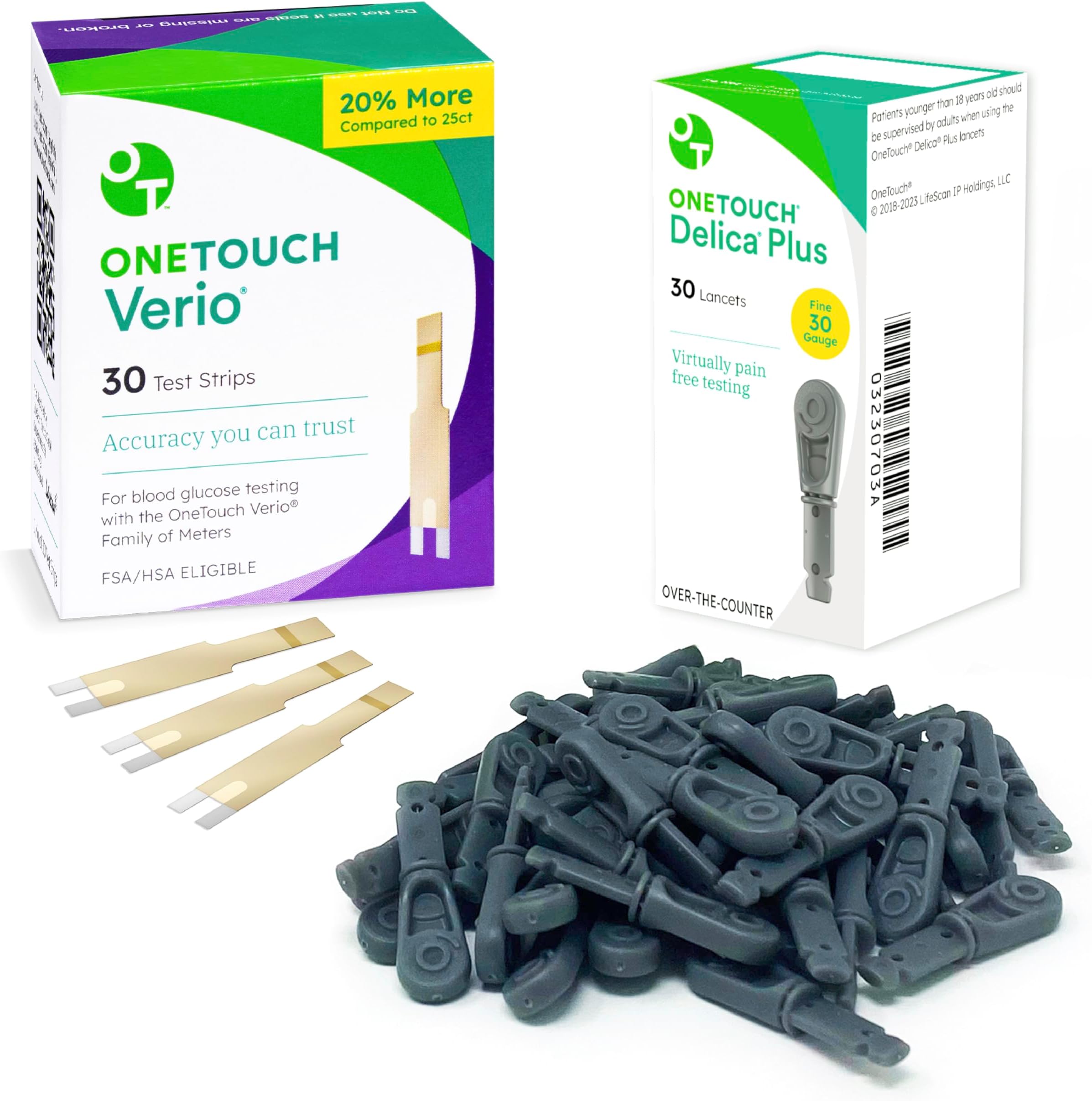 - Delica Plus Lancets & OneTouch Verio Test Strips Bundle - Includes 30 Test Strips & 30 Lancets - Fine 30-Gauge - Made for Diabetes Testing - Diabetic Supplies for Blood Sugar Monitor